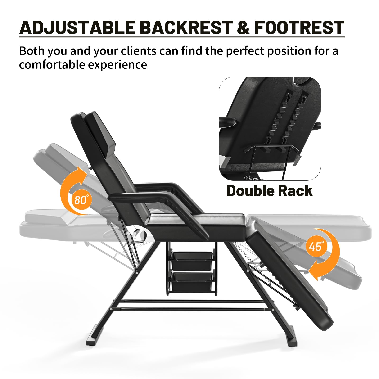 Professional 3-Section Adjustable Tattoo Bed & Facial Spa Chair for Estheticians - Heavy Duty 440lbs Capacity Massage Table with Storage Baskets - Perfect for Tattoo Parlors, Beauty Salons & Lash Studios (Black)