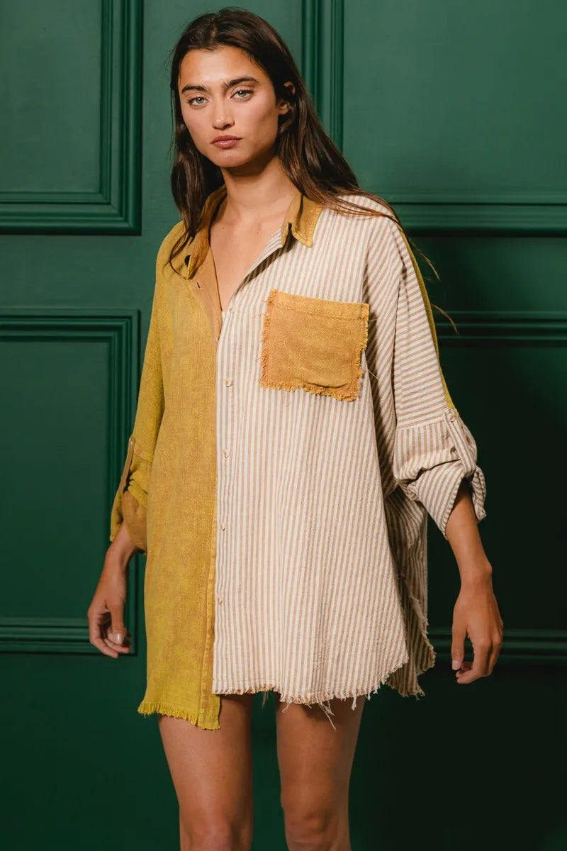 BiBi Washed Raw Hem Shirt - Trendy Distressed Denim Top for Women | Perfect for Casual Outings, Street Style & Layering