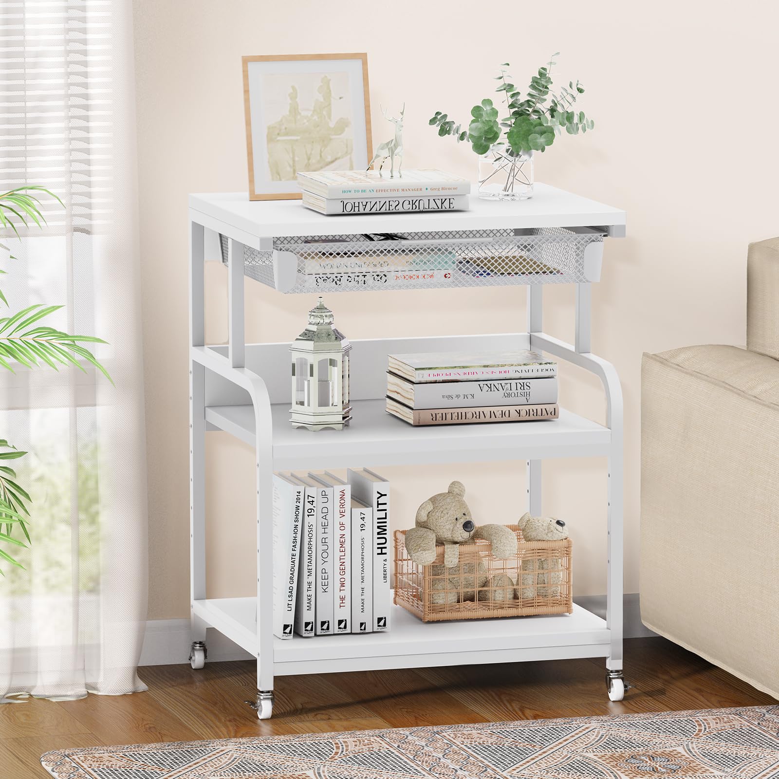 EasyCom 23.6''x18.9'' Extra Large Adjustable Printer Stand with 3 Drawers & Wheels - 5 Height Settings, 3-Tier Rolling Printer Cart for Printer, Scanner, Fax - Perfect for Home Office, Small Business & Workspace Organization