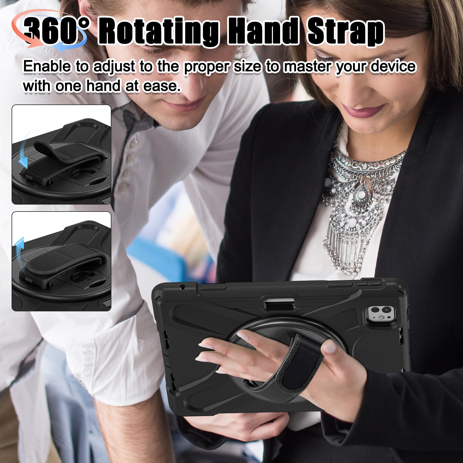 **Military Grade Shockproof iPad Pro 11 Case (5th Gen/M4 2024) with Screen Protector & 360° Rotating Stand - Heavy Duty Protective Cover with Pencil Holder & Hand Strap - Perfect for Work, Travel & Outdoor Use - Black**