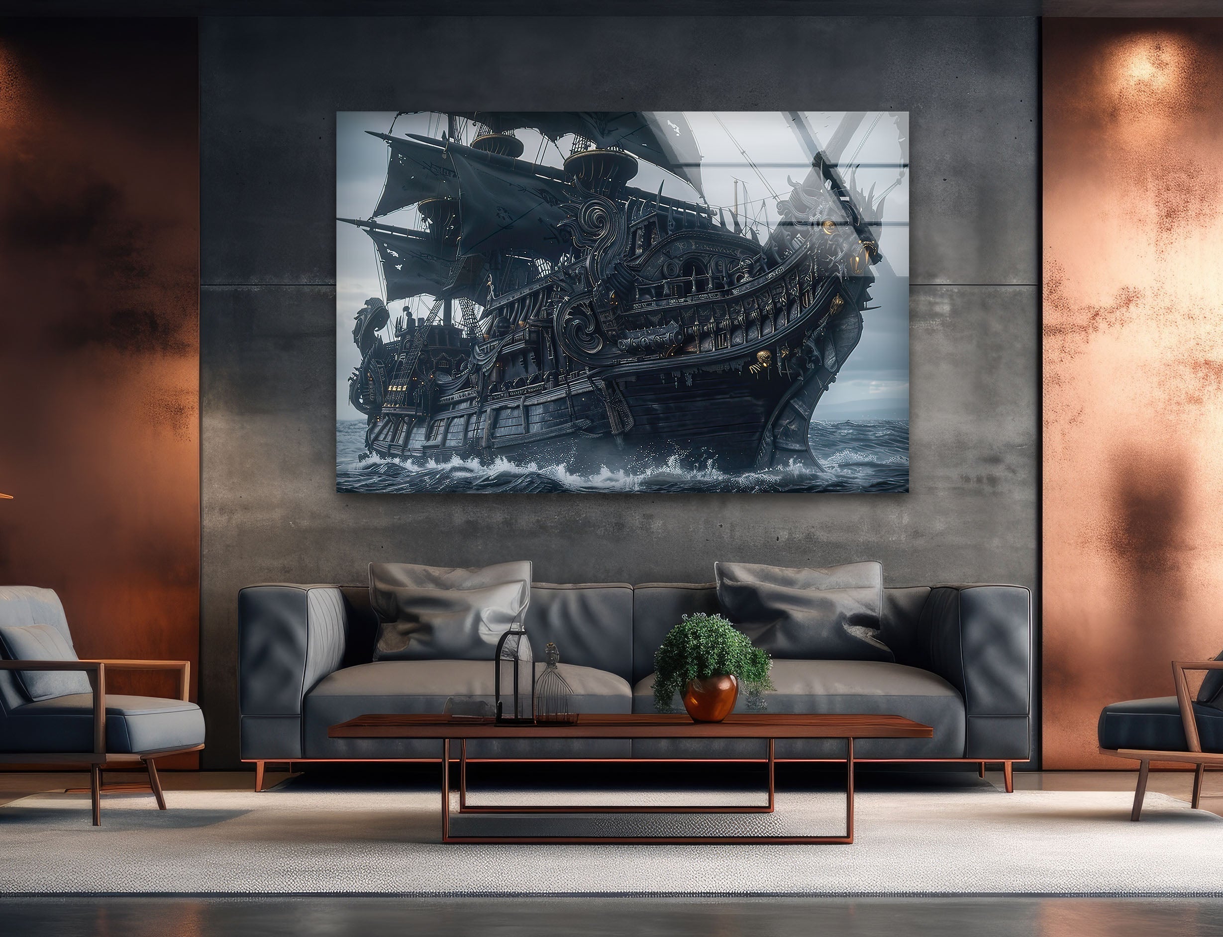 Large Pirate Ship Glass Wall Art Decor - Nautical Theme Stained Glass Window Hanging for Living Room, Bedroom, or Office