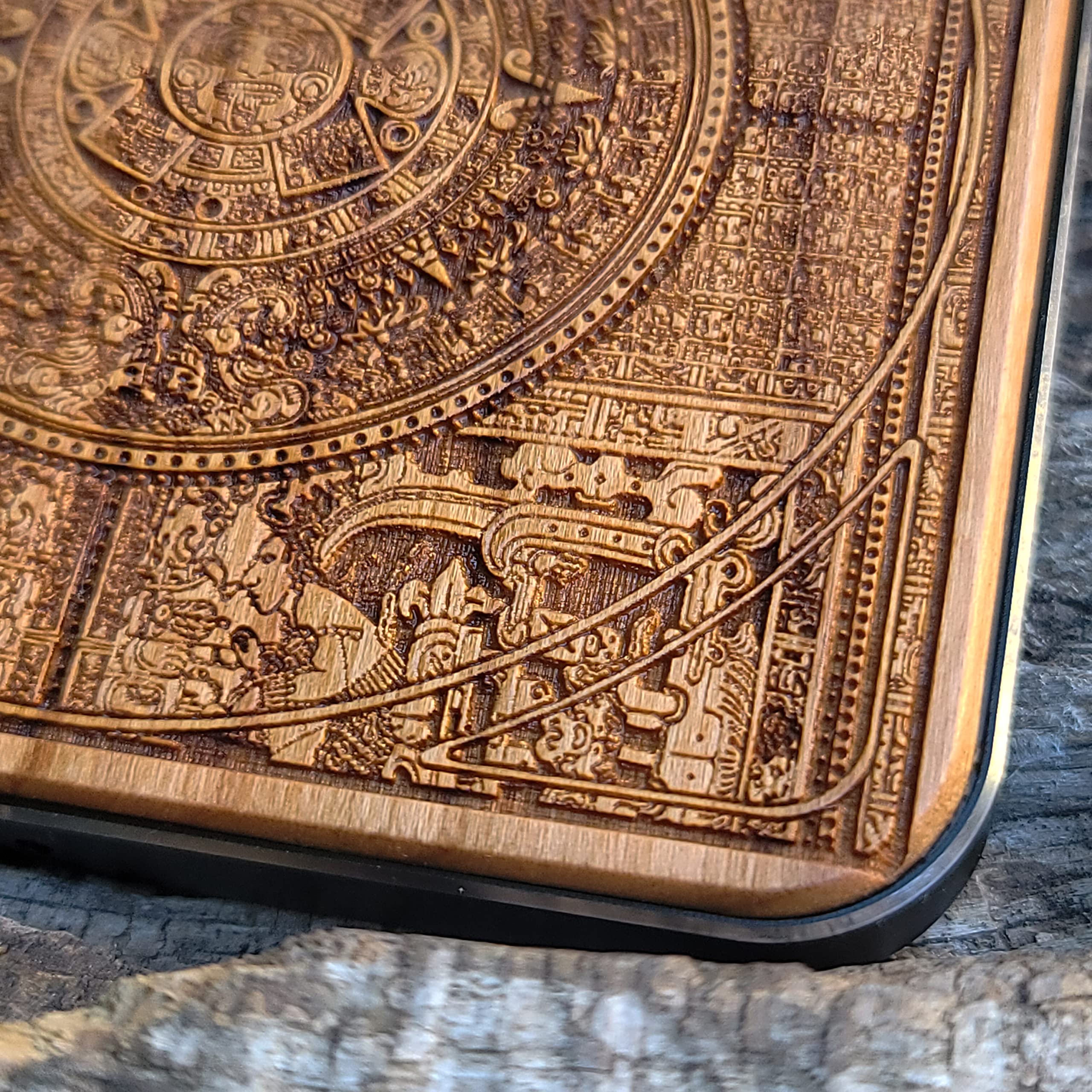 15W Fast Qi Wireless Charger Pad - Laser Engraved Aztec Calendar Cherry Wood with Black Aluminum Base | Compatible with iPhone 16, Galaxy S25/S24 | Tribal Art Desk Decor for Home & Office | Perfect Gift for Tech Lovers & Art Enthusiasts