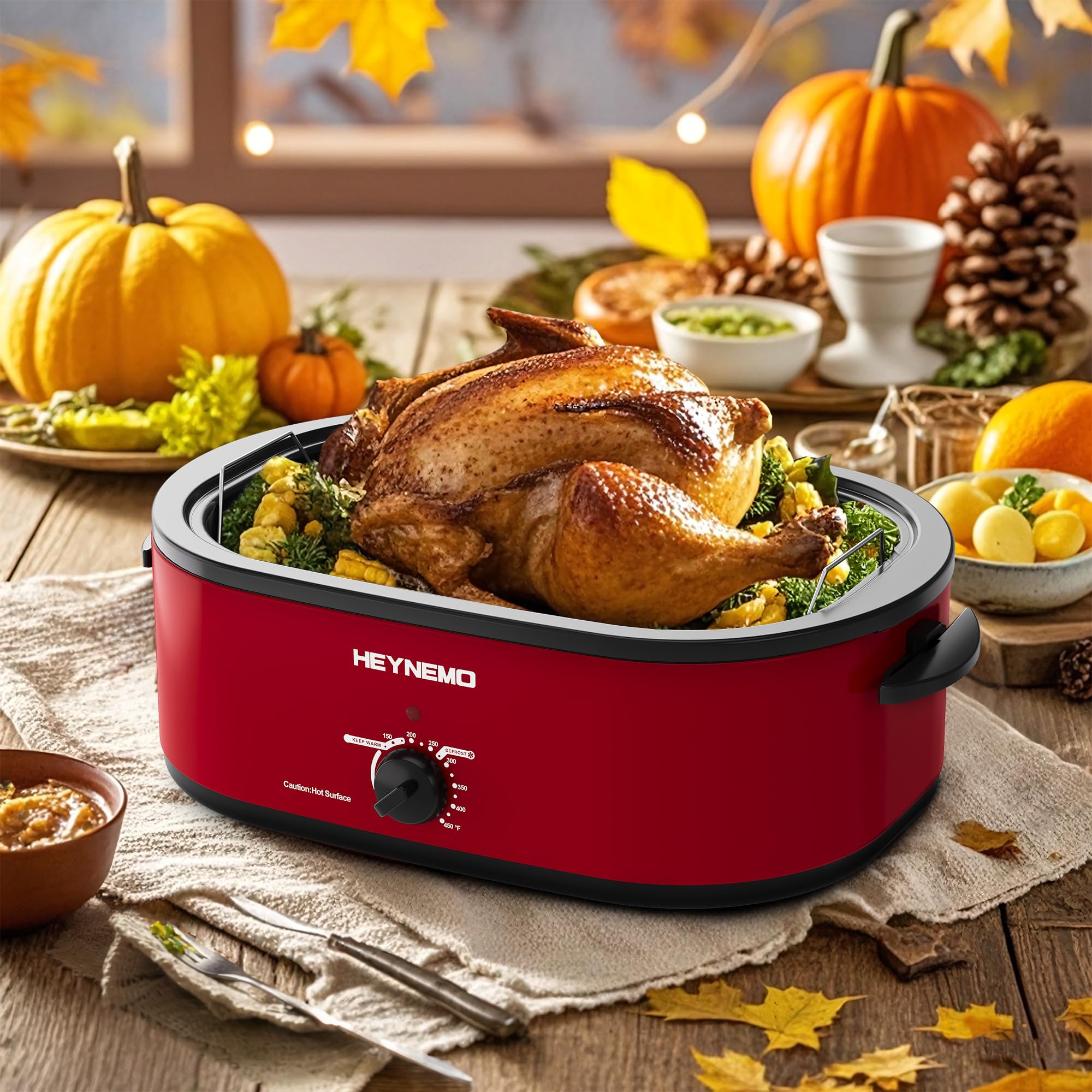 18 Quart Stainless Steel Electric Roaster Oven with Self-Basting Lid, Defrost & Warm Function, Adjustable Temperature, Removable Pan & Rack, Red – Perfect for Holiday Turkey, Roasts, and Large Family Gatherings