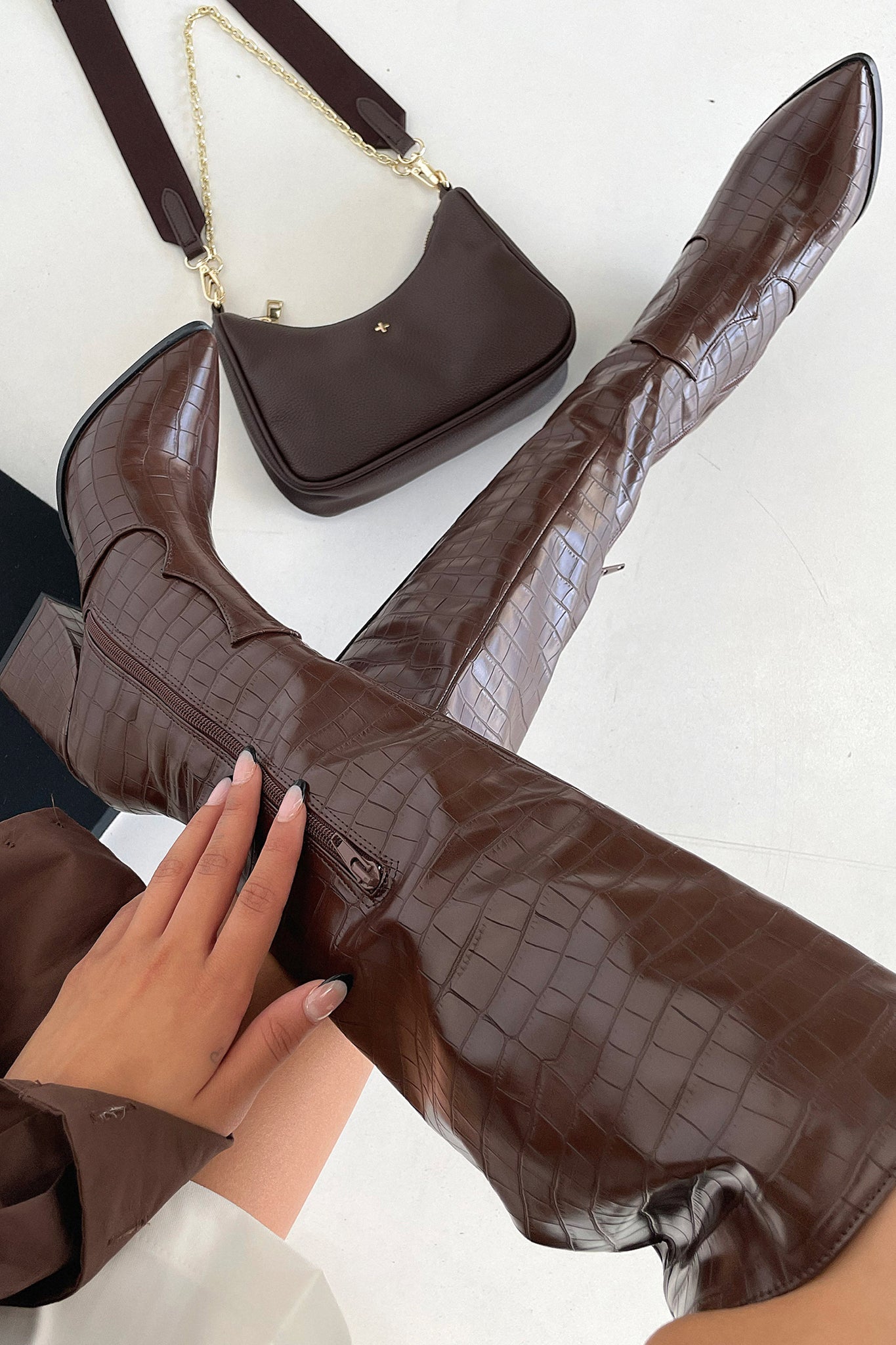 Edora Knee High Boots for Women - Brown Crocodile Embossed Leather Fashion Boots - Perfect for Fall, Winter & Casual Outfits