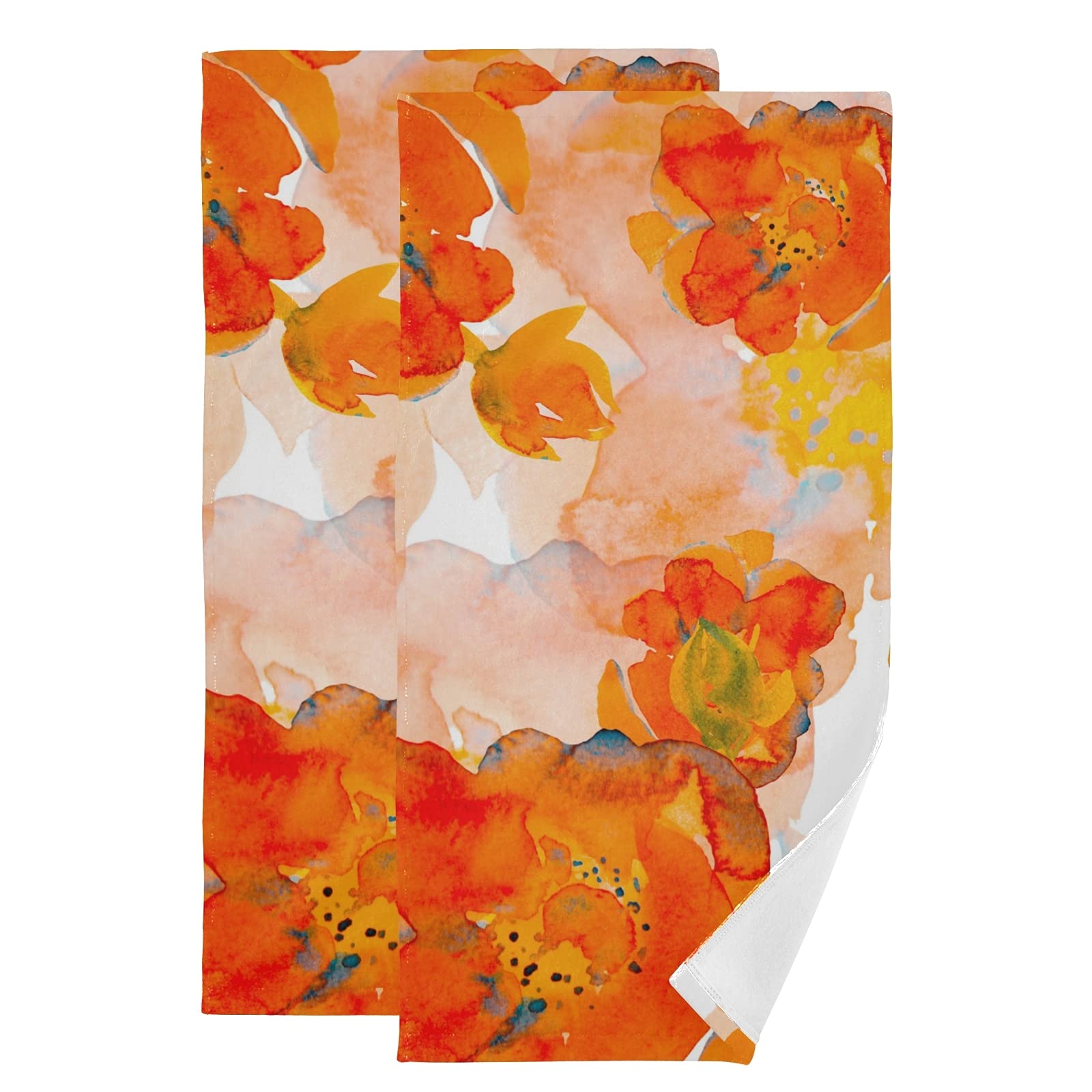 ALAZA Corn Poppy Orange Flower Hand Towel Set - 2 Pack Absorbent Soft Bath & Kitchen Towels for Bathroom, Dish Drying, Guest Use | Quick-Drying Washcloths for Hotel, Gym, Spa & Home Decor (Orange Floral Design)