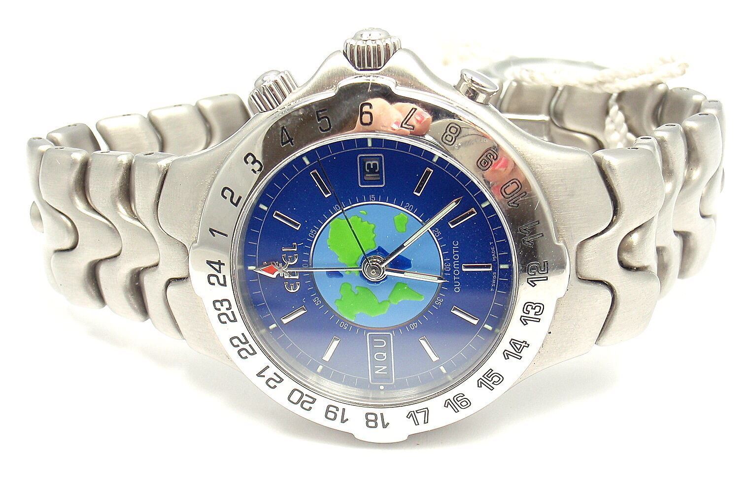 Authentic Ebel Stainless Steel Blue Dial Sportwave World Time Watch for Men - Luxury Waterproof Chronograph Wristwatch - Perfect for Business, Travel & Outdoor Adventures