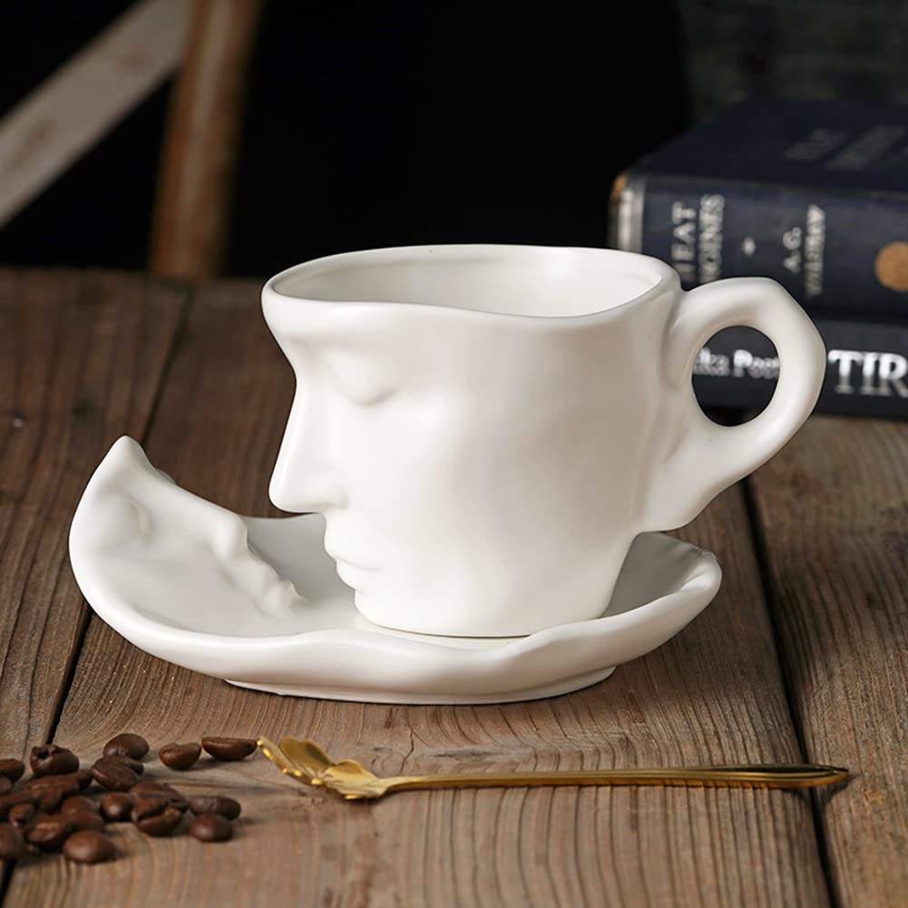 Premium Cappuccino Latte Cup and Saucer Set - Espresso Coffee Mugs with Creative Face Design - Fun Ceramic Tea Cups - Microwave & Dishwasher Safe - White - Perfect for Home, Office, and Cafe Use