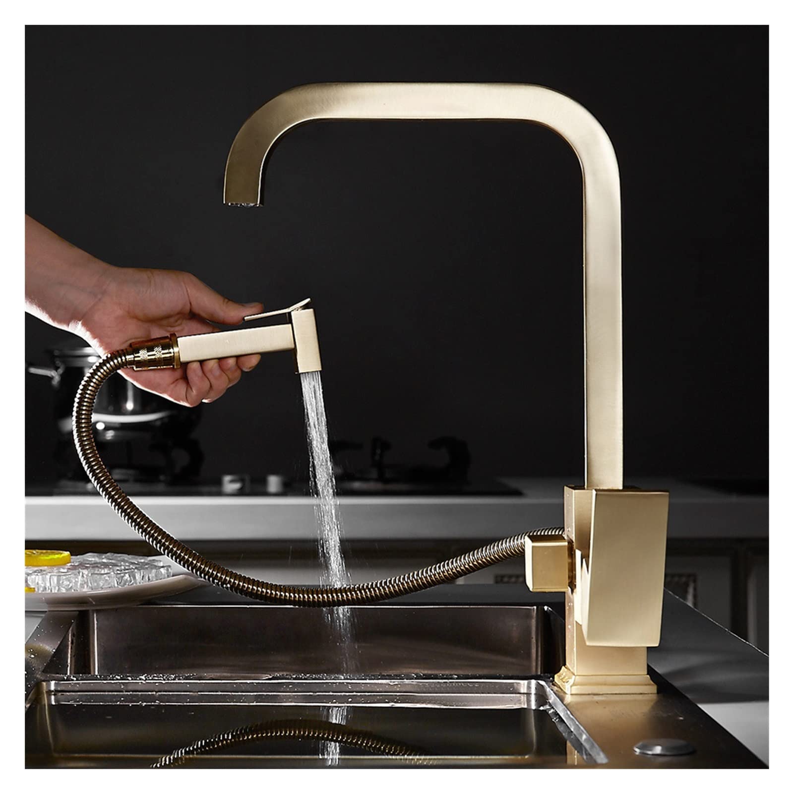 Brushed Gold Pot Filler Kitchen Faucet with Hand Shower & Spray Gun - Hot/Cold Water Rotating Sink Mixer Tap for Cooking, Washing Dishes & Filling Pots Near Stove
