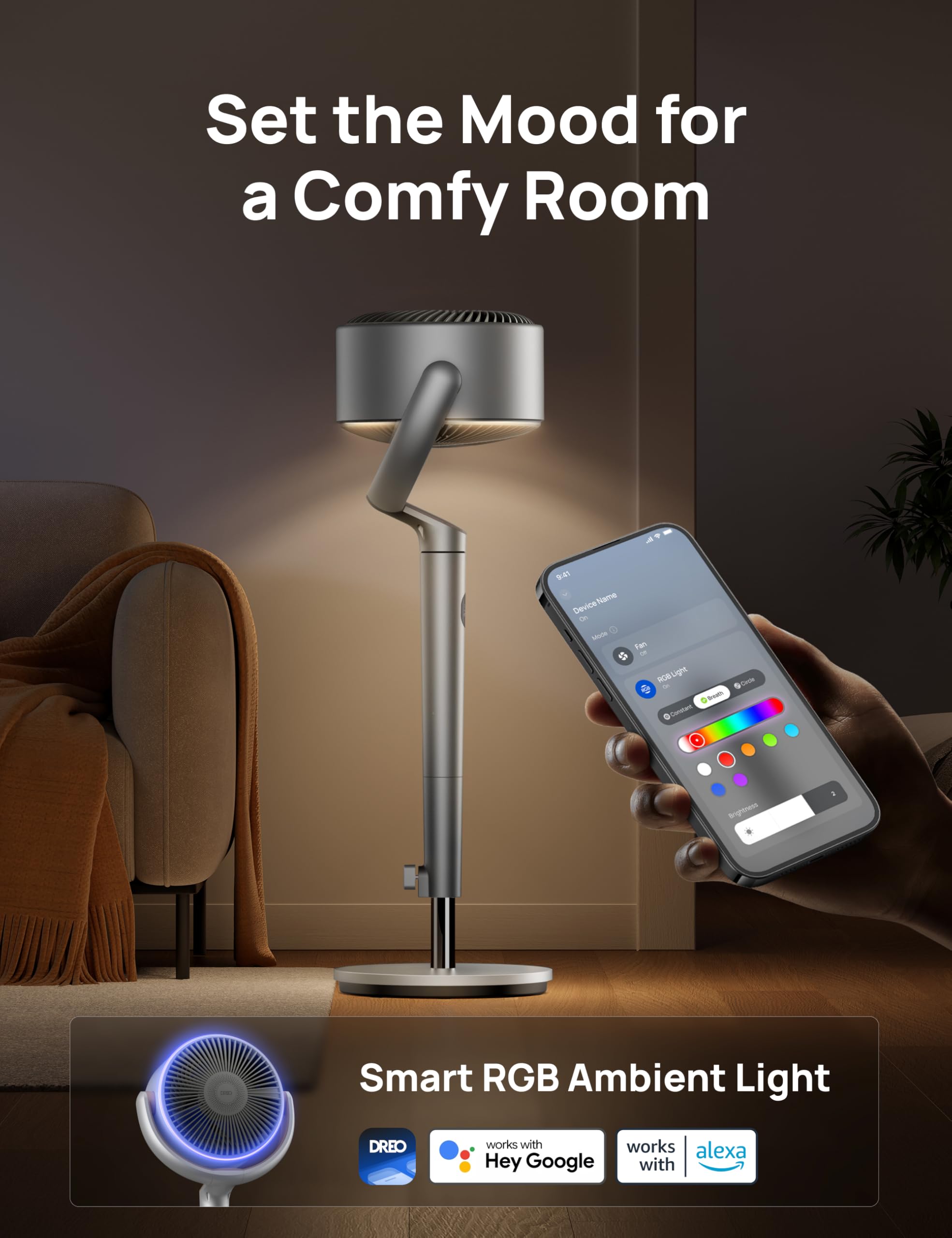 Dreo 40 Inch Smart Standing Fan with Wi-Fi & Voice Control - Ultra Quiet 20dB Pedestal Fan for Bedroom - 120°+120° Wide Oscillation, DC Motor, 9 Speeds & 6 Modes - 12H Timer & 90 ft Air Circulation - Perfect for Home, Office & Nursery Cooling (Silver)