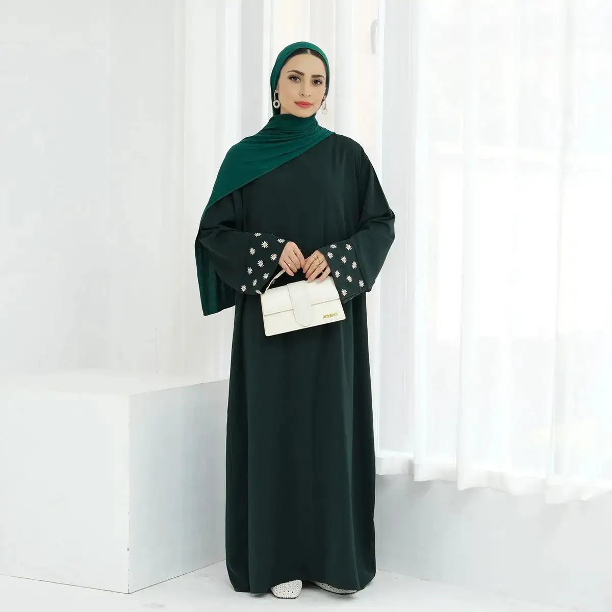 Elegant Daisy Embroidery Nida Abaya Dress for Women - Modest Islamic Fashion for Prayer, Eid, and Special Occasions