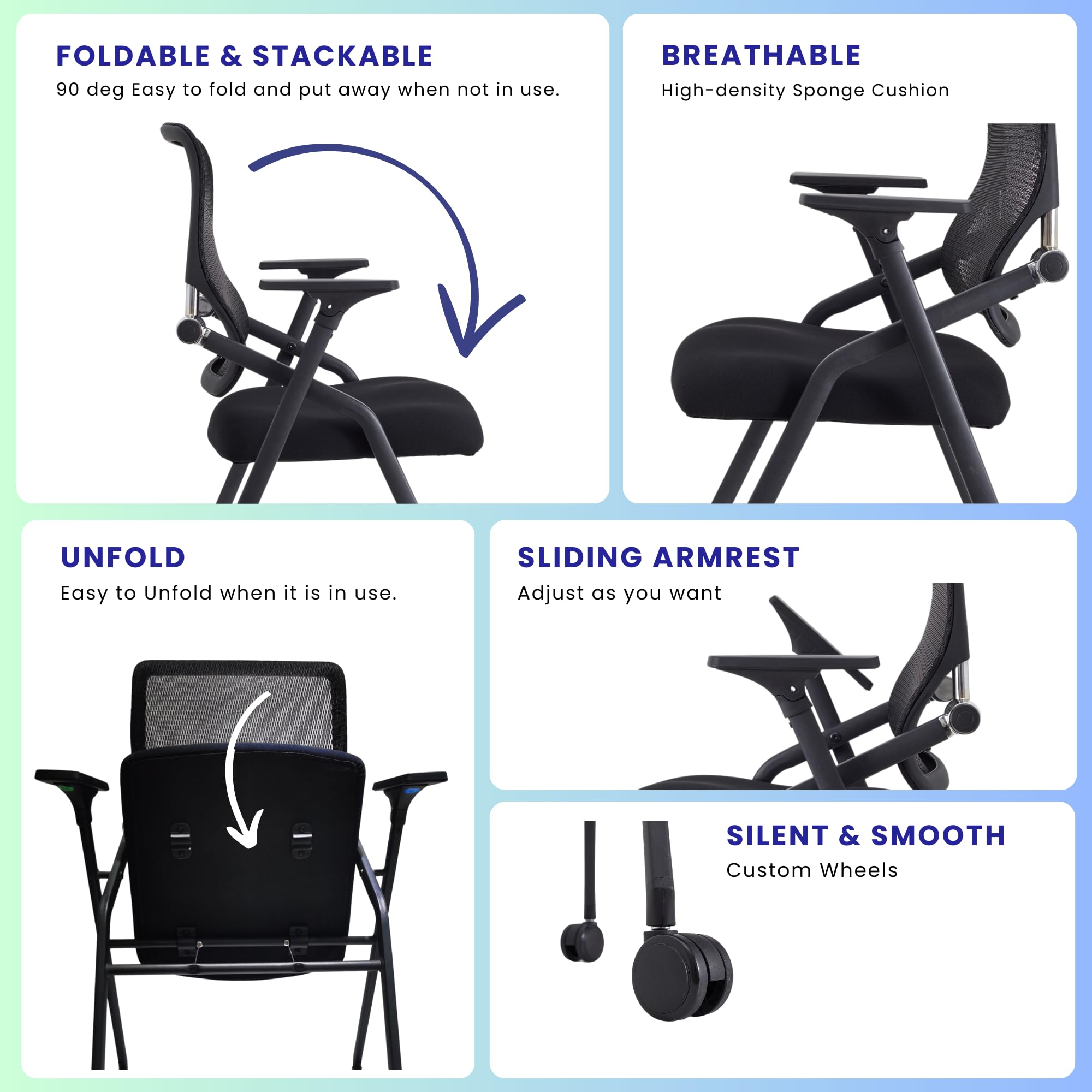 10 Pack Stackable & Foldable Conference Room Chairs with Lumbar Support & Armrests - Ergonomic Mesh Office Chairs for Meetings, Training, Reception Areas - Perfect for Conference Rooms, Home Offices & Event Spaces