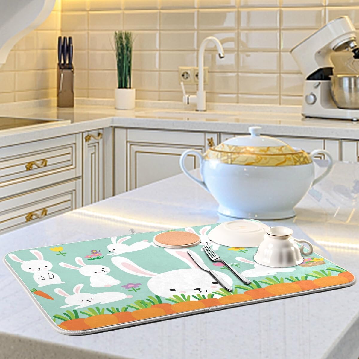 Easter Bunny Rabbit Flowers Dish Drying Mat - Absorbent Large Kitchen Drying Pad (18