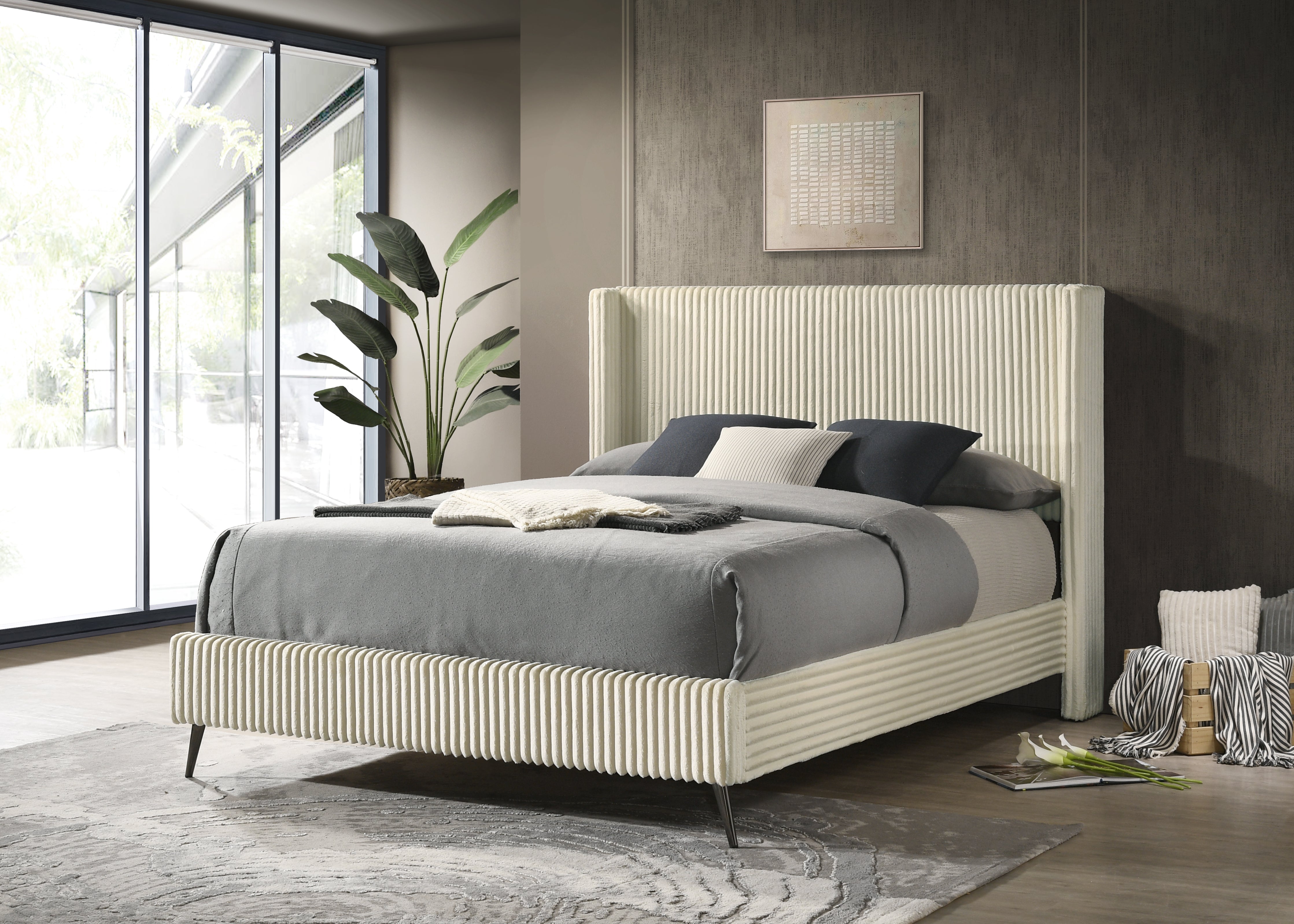 Roundhill Furniture Mavela Wide Wale Corduroy Upholstered Panel Bed in Cream - Queen Size Upholstered Bed Frame with Button Tufted Headboard for Cozy Bedroom Decor