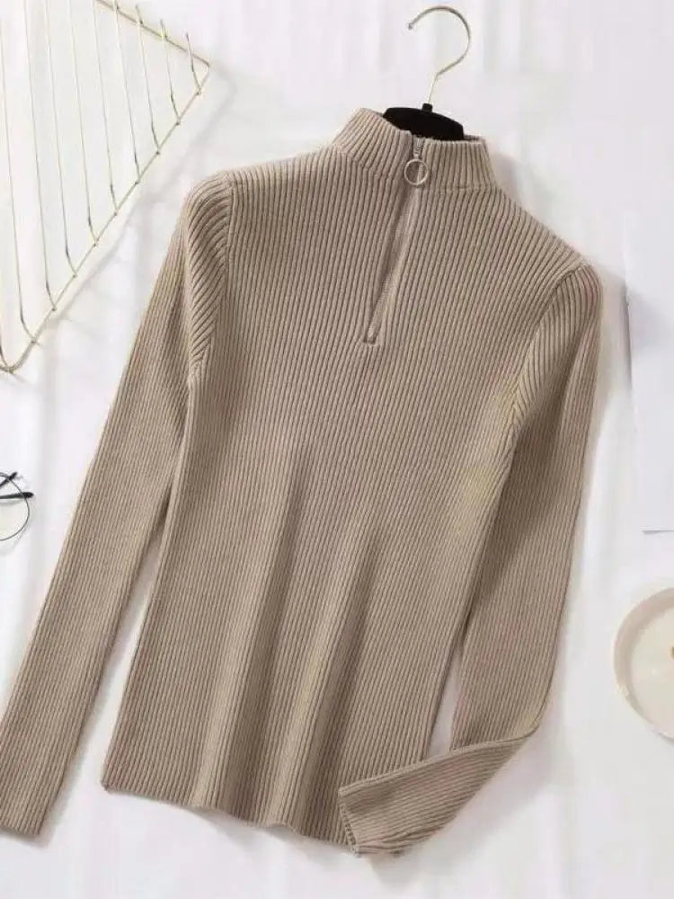 Vintage Solid Knitted Long Sleeve Zip-Up Half Turtleneck Sweater for Women - Cozy Winter Pullover for Casual Outfits & Office Wear