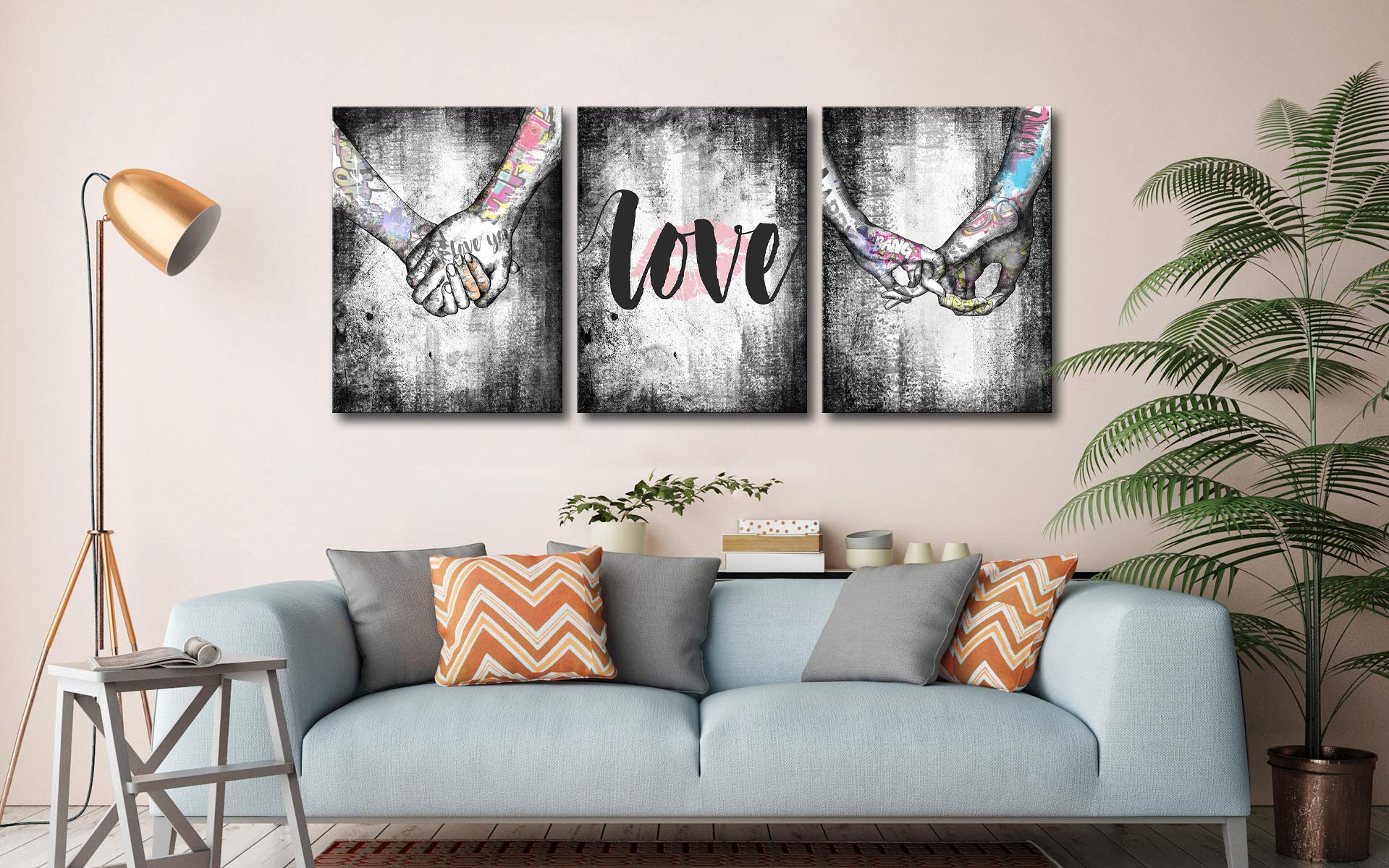 AMEMNY Black and White Wall Art - Love Hand in Hand Graffiti Painting Canvas Print - Modern Pop Art Poster for Bedroom & Living Room Decor - Framed Ready to Hang - Perfect for Couples' Home & Romantic Gift Ideas