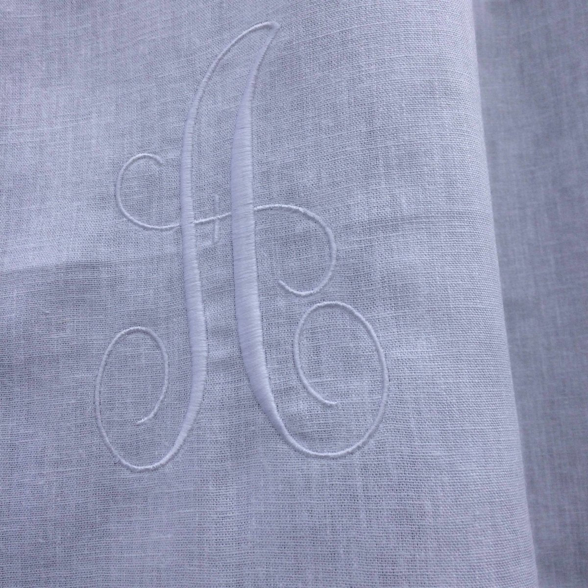 Appleton White Linen Cafe Curtain with Embroidered Monogram - Elegant Kitchen Window Treatment for Farmhouse & Cottage Style Homes