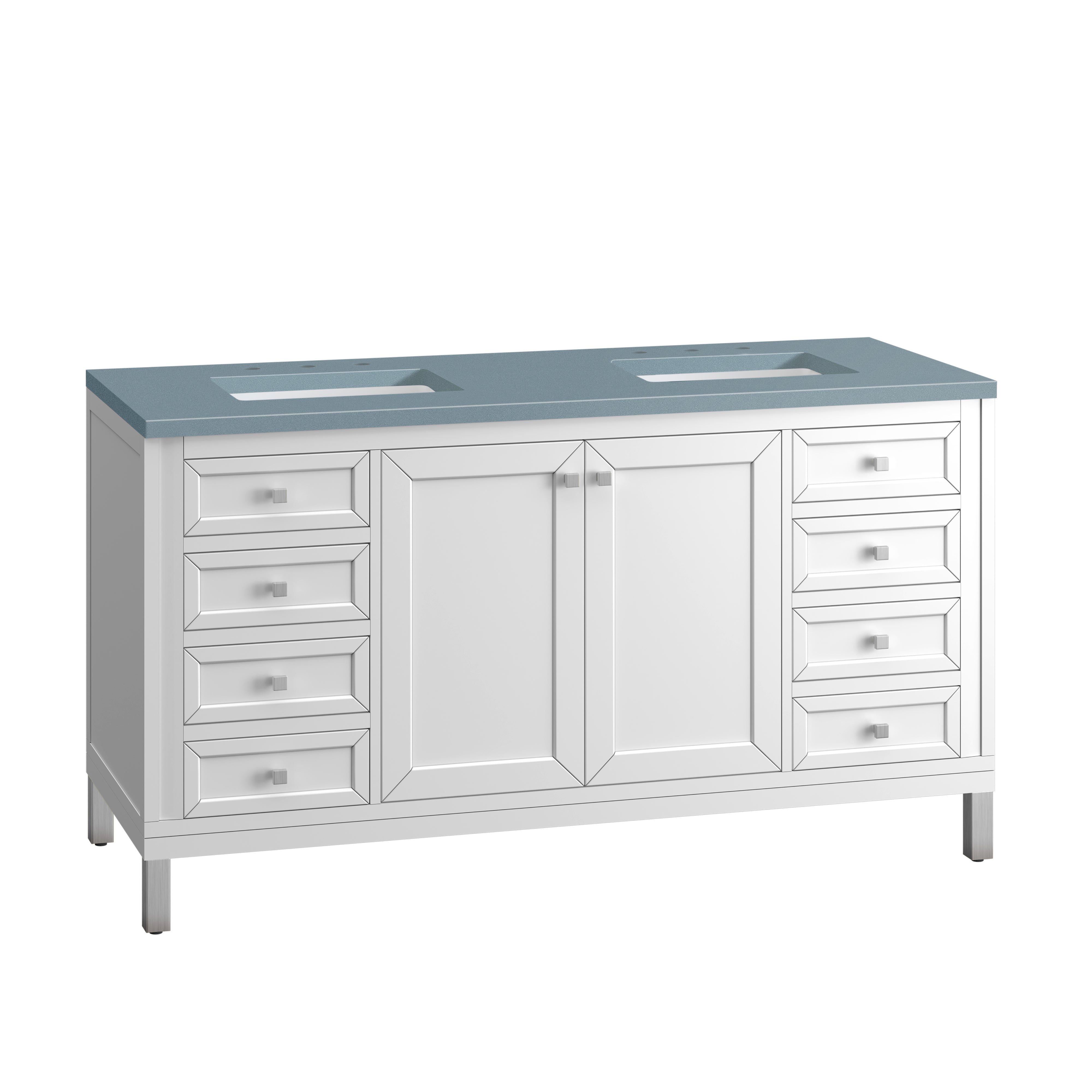 Chicago 60-Inch Double Bathroom Vanity with Glossy White Finish & 3CM Cala Blue Quartz Top - Perfect for Master Bathrooms, Guest Suites, and Modern Home Renovations