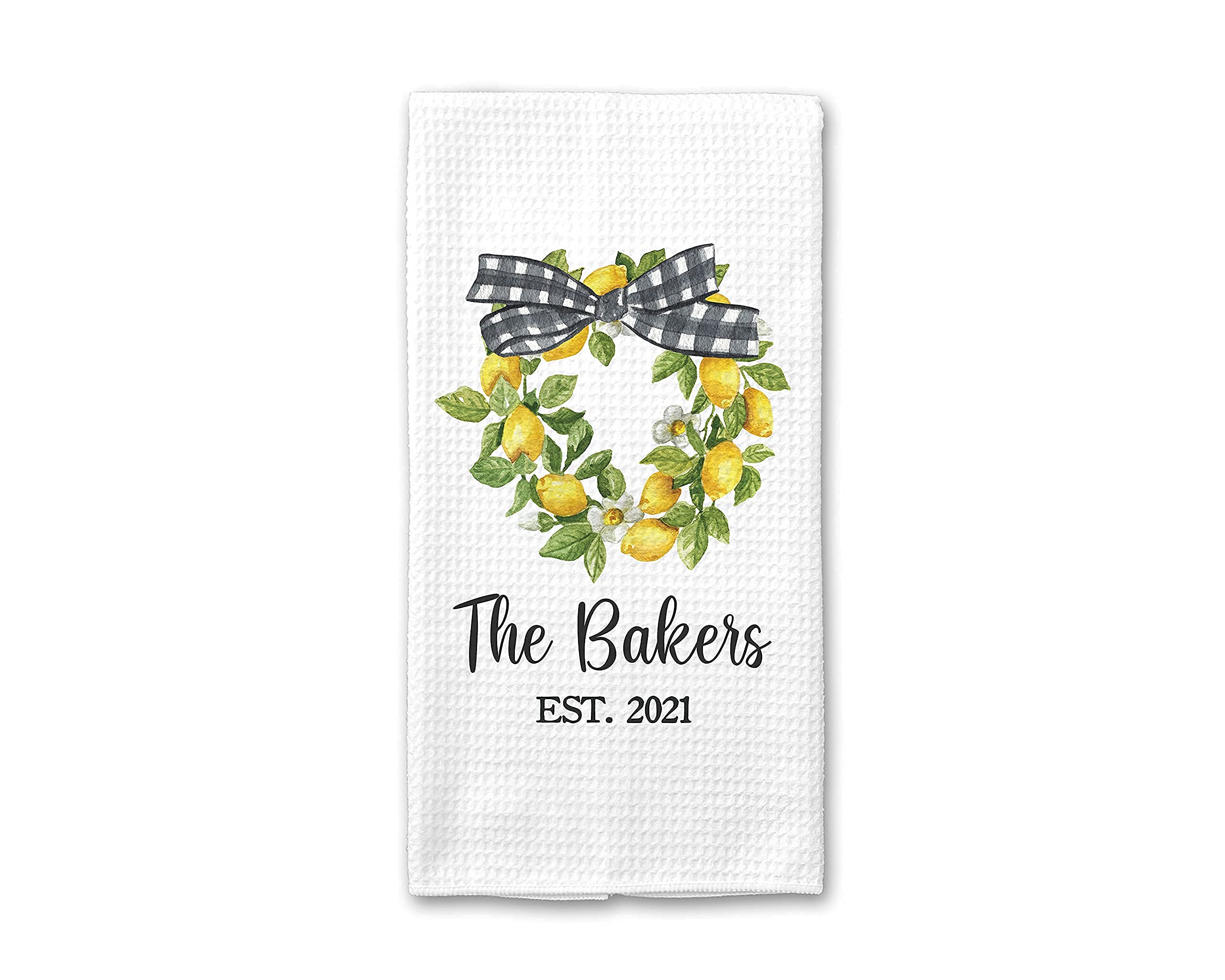 Personalized Lemon Wreath Waffle Weave Dish Towel - Custom Kitchen Towel for Housewarming & Wedding Gifts - Perfect for Farmhouse Decor, Lemon-Themed Kitchens, and Hostess Gifts
