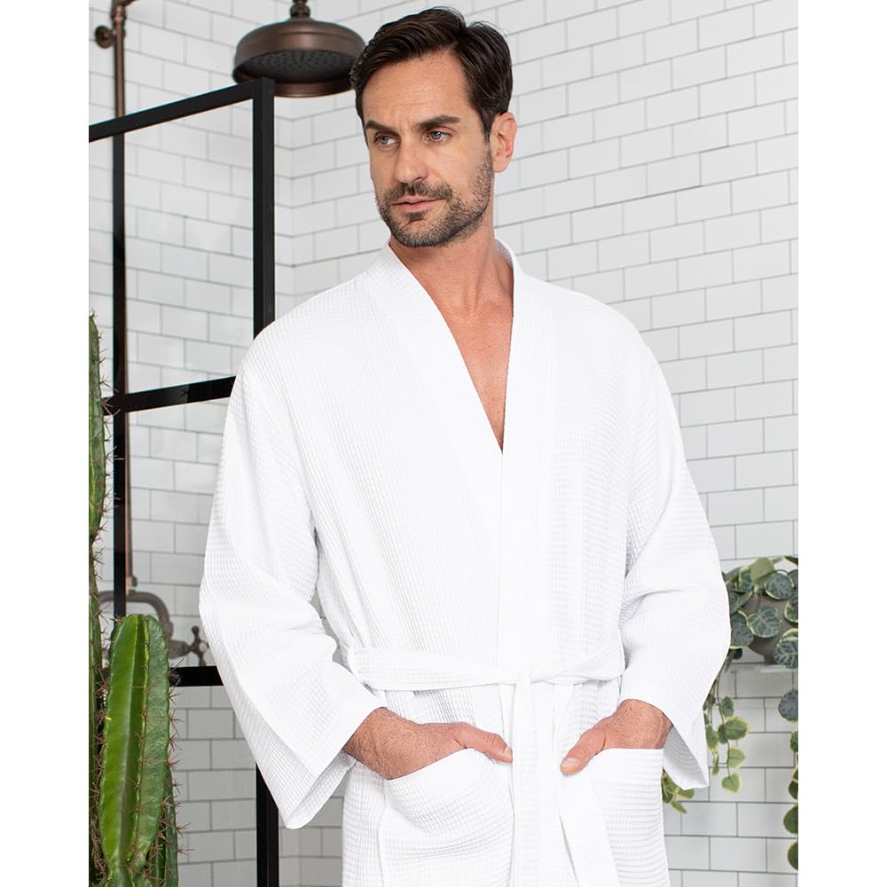 Luxury Soft Waffle Weave Cotton Bathrobe for Men - Premium SPA Lotus Linen Robe - Perfect for Relaxation, Lounging & After Shower Comfort