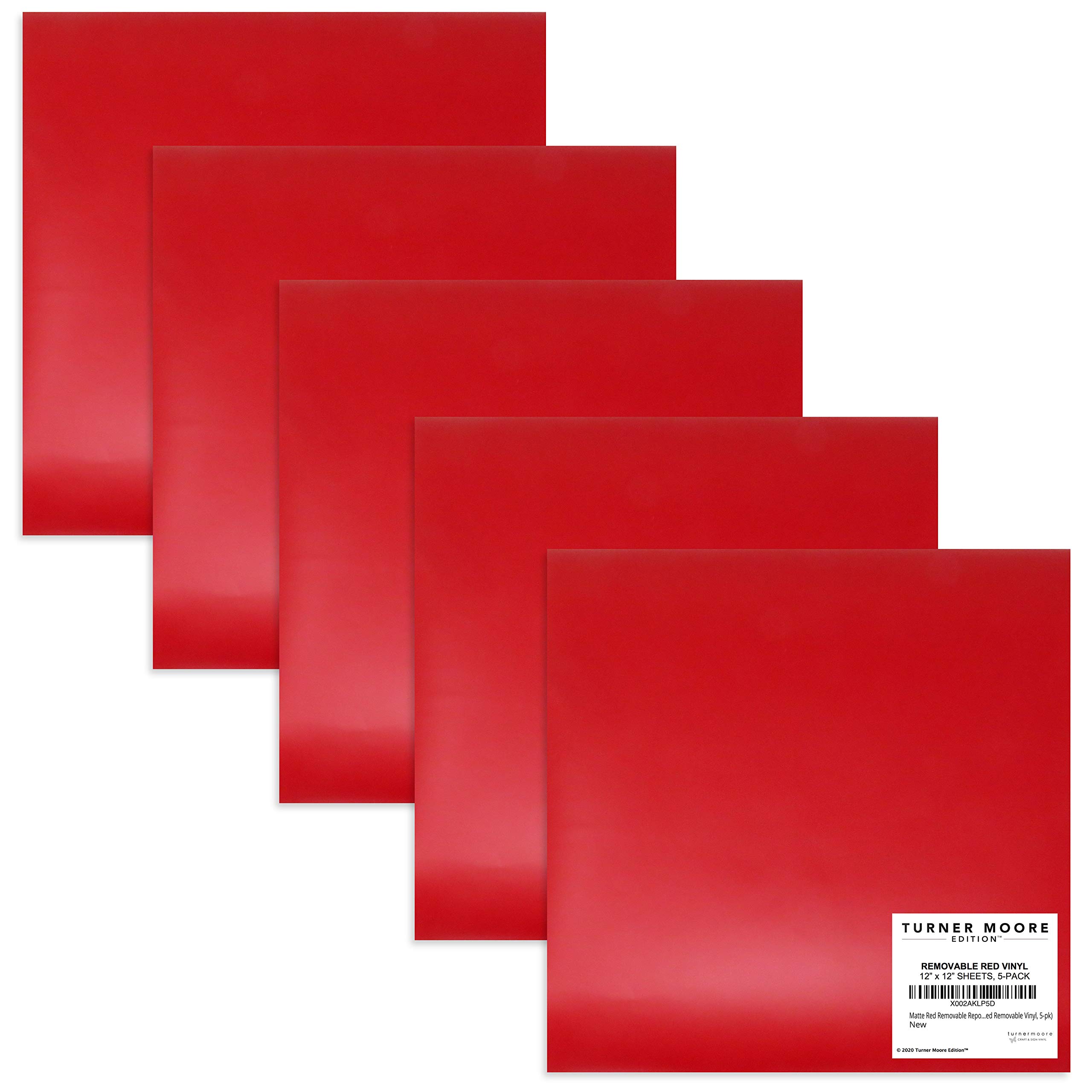 12x12 Red Removable Vinyl Sheets - Matte Finish Adhesive Decals for Silhouette Cameo, Cricut Maker & Joy - DIY Nursery Wall Stickers, Kids Room Decor, Temporary Wall Art by Turner Moore (5-Pack) - Perfect for Home Decor, Scrapbooking & Craft Projects