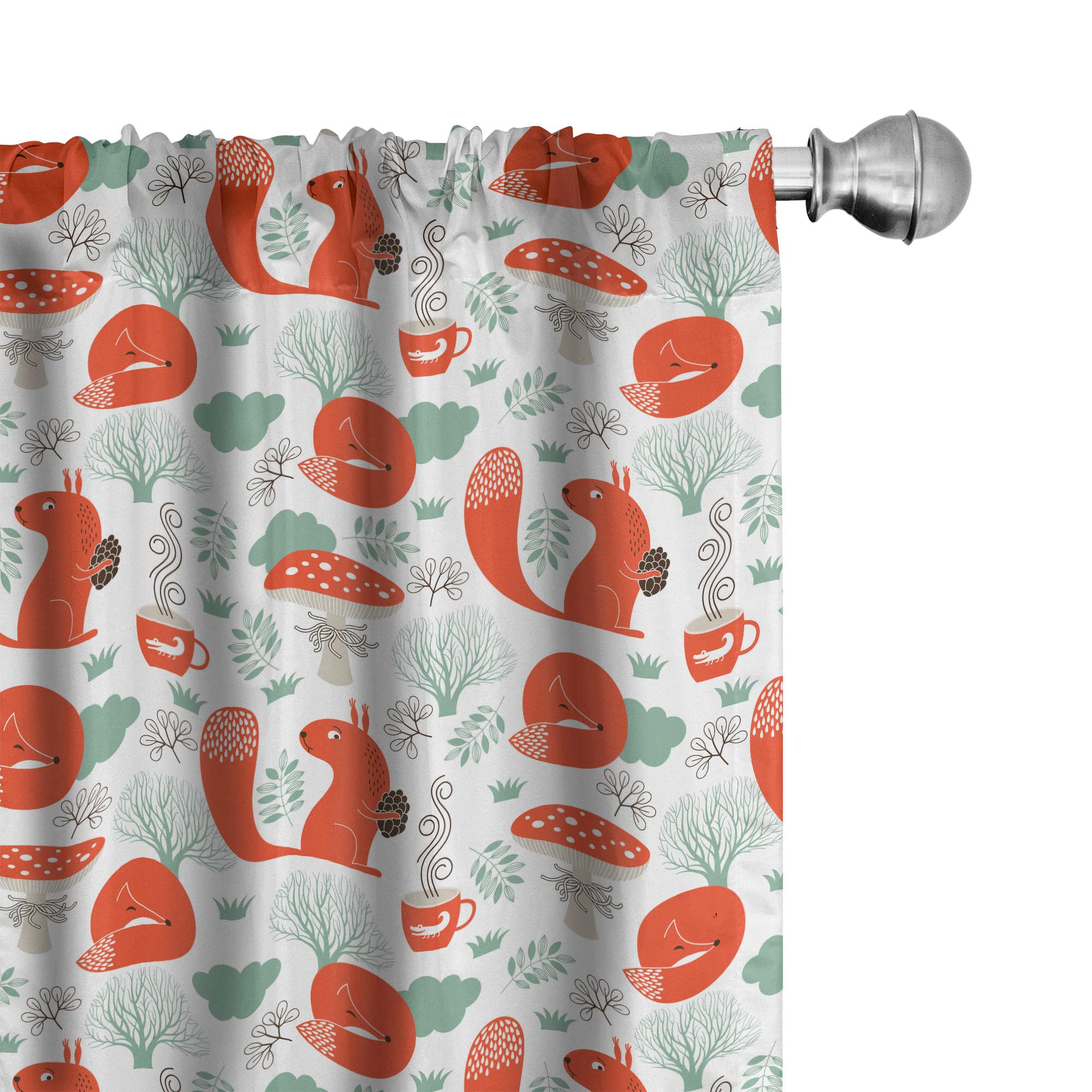 Ambesonne Fox Curtains - Small Forest Animal Print with Leaves & Mushrooms, Winter Nature Design, 2 Panel Window Treatments for Living Room & Bedroom, 28