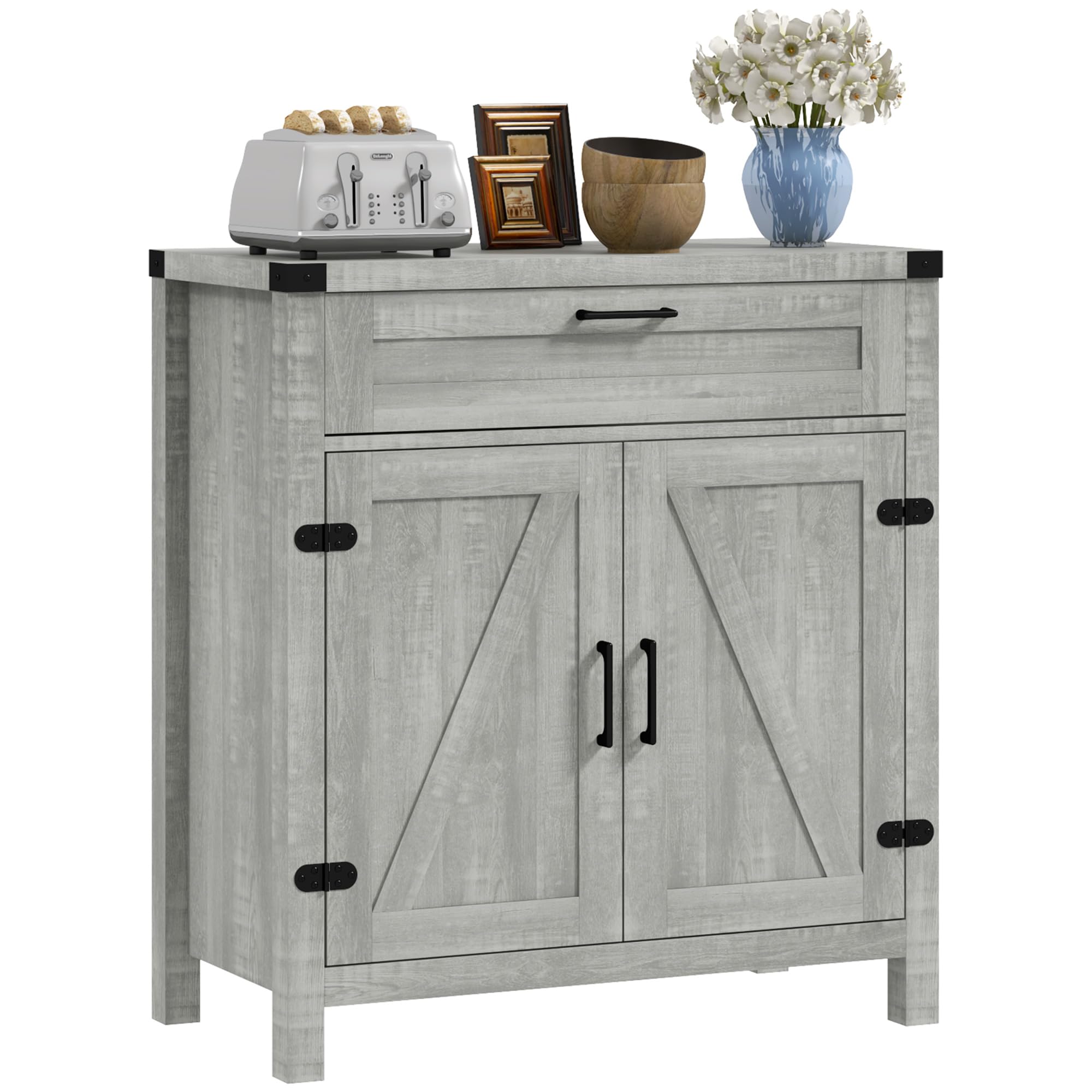 HOMCOM Modern Farmhouse Sideboard Buffet Cabinet with Storage Drawer & 2 Barn Doors - Gray Kitchen Coffee Bar Cabinet for Dining Room, Living Room & Home Decor