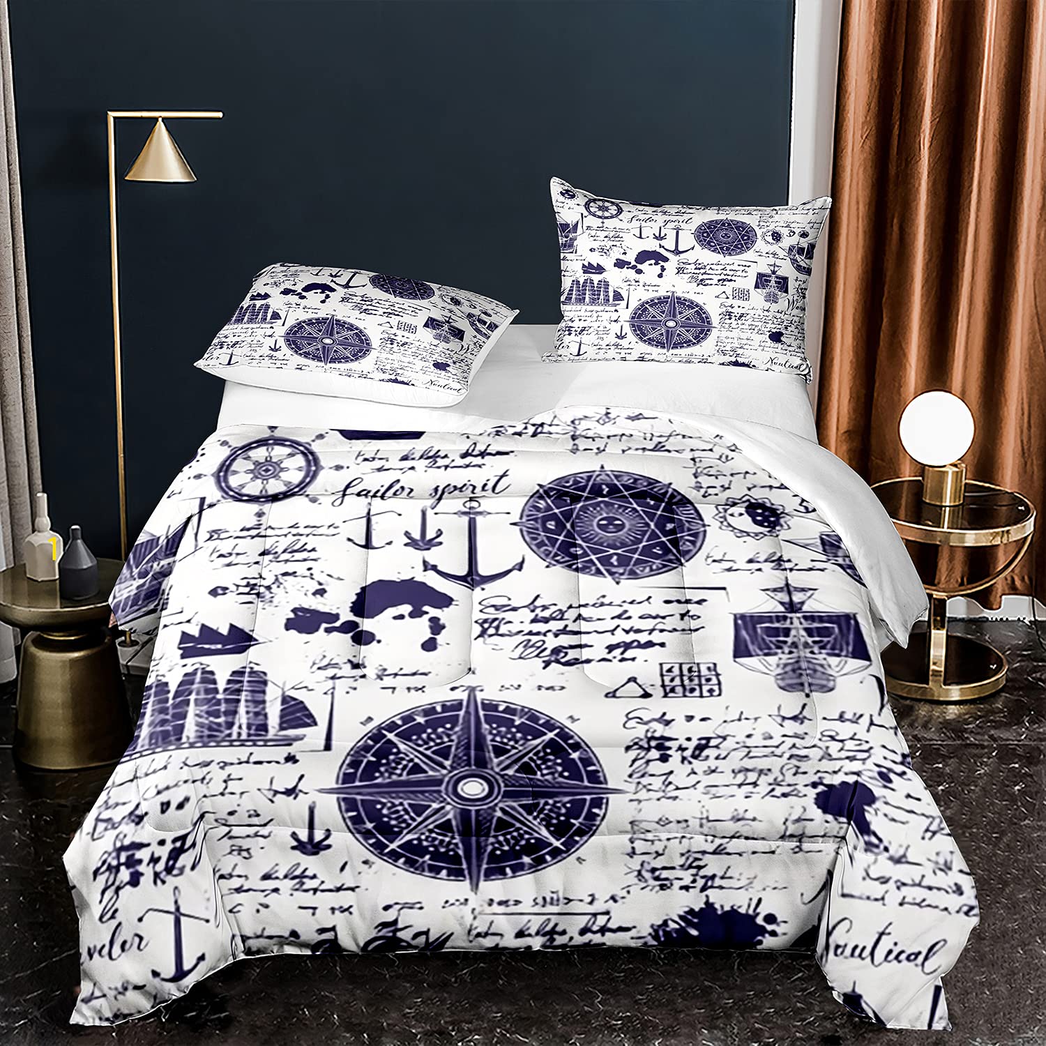 **Nautical Map King Size Bedding Set - Pirate Ship Anchor Helm Compass Design, Cooling Comforter & 2 Pillow Shams - Perfect for Coastal, Beach House, or Adventure-Themed Bedrooms**