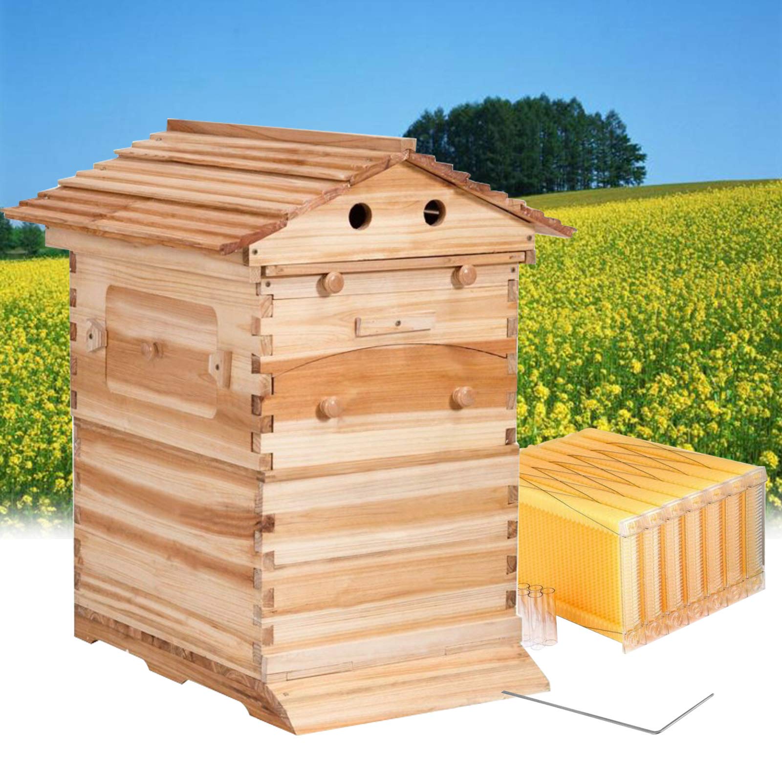 Automatic Wooden Beehive Starter Kit - 7pcs with Auto Honey Frames for Beekeeping | Perfect for Beginners & Backyard Hive Setup | Durable & Easy-to-Use Bee House for Honey Production
