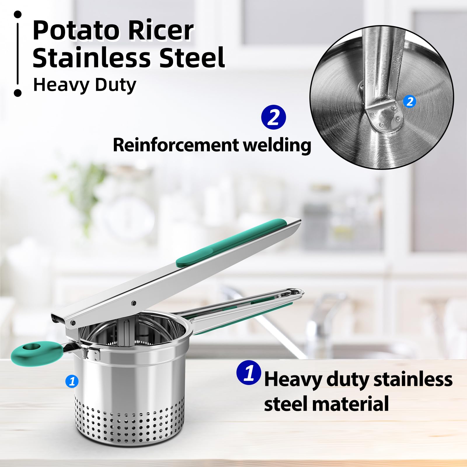 SPEENSUN 15oz Stainless Steel Potato Ricer & Masher with Non-Slip Silicone Handle - Heavy Duty Kitchen Tool for Fluffy Mashed Potatoes, Baby Food & Purees - Perfect for Thanksgiving, Holiday Cooking & Meal Prep (Green)