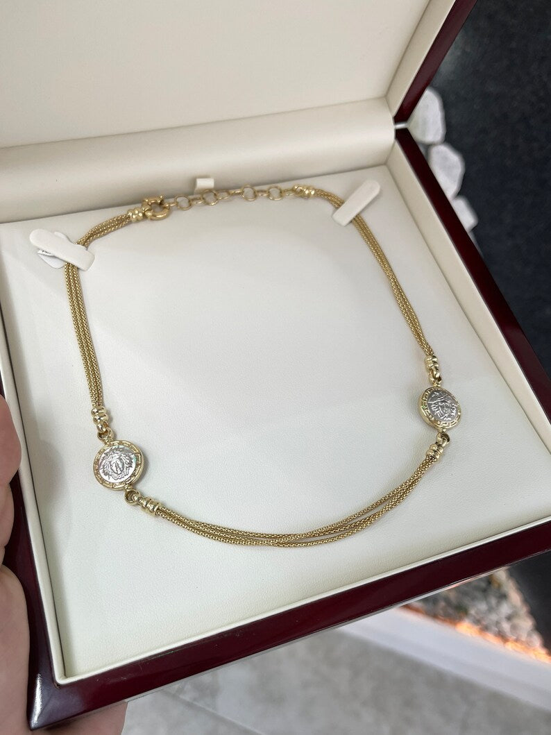 14K Solid Yellow Gold Medusa Head Triple Box Chain Necklace - 17-19 Inches, Elegant Layered Statement Jewelry for Women, Perfect for Parties, Weddings and Special Occasions
