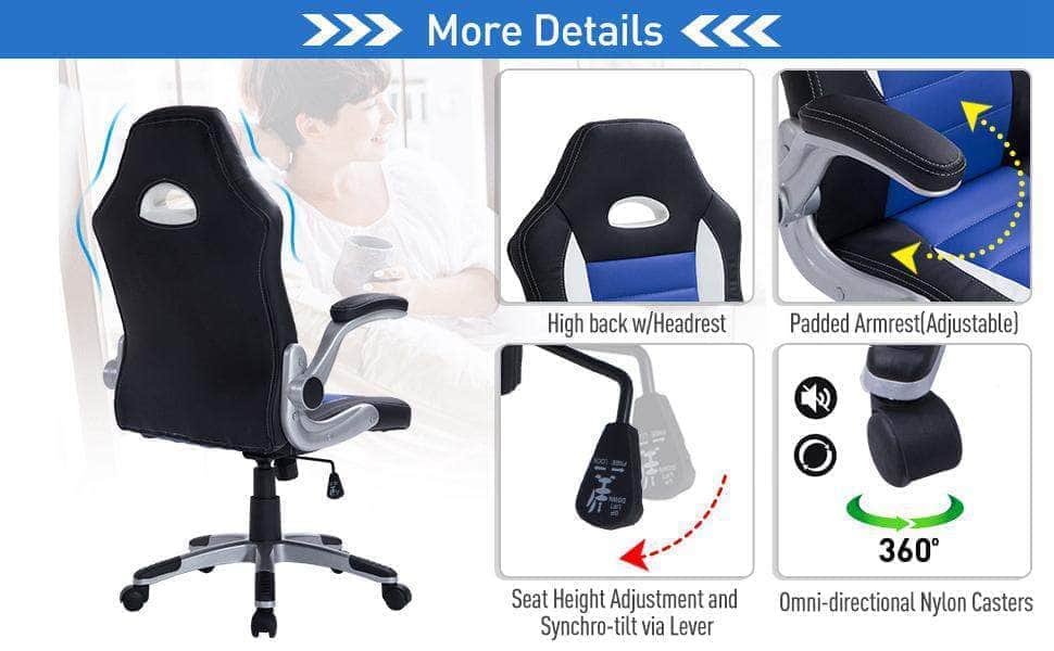 Premium Racing Style Office Gaming Chair - Ergonomic Swivel & Adjustable Armrest - PU Leather Executive Desk Chair for Home & Work - Available in Black & Red (Perfect for Gamers & Remote Workers)