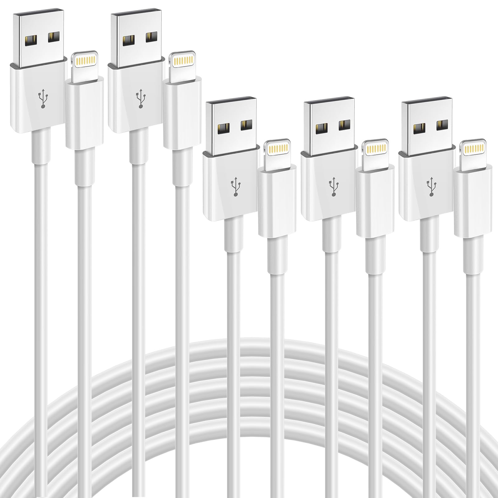 5-Pack MFi Certified Lightning Cables (6ft/6ft/6ft/10ft/10ft) - Fast Charging iPhone Charger for iPhone 14/13/12/11/X/XR/XS - Perfect for Home, Office & Travel Use