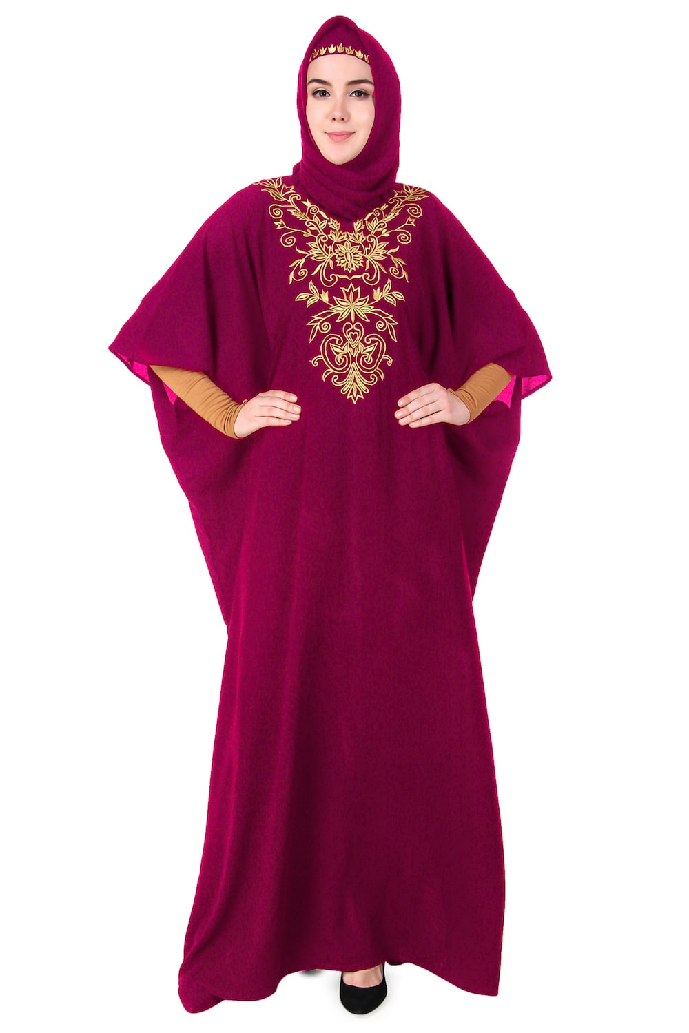 Embroidered Floral Gold Kaftan Dress for Women - Elegant Boho Maxi Dress for Beach, Party & Special Occasions