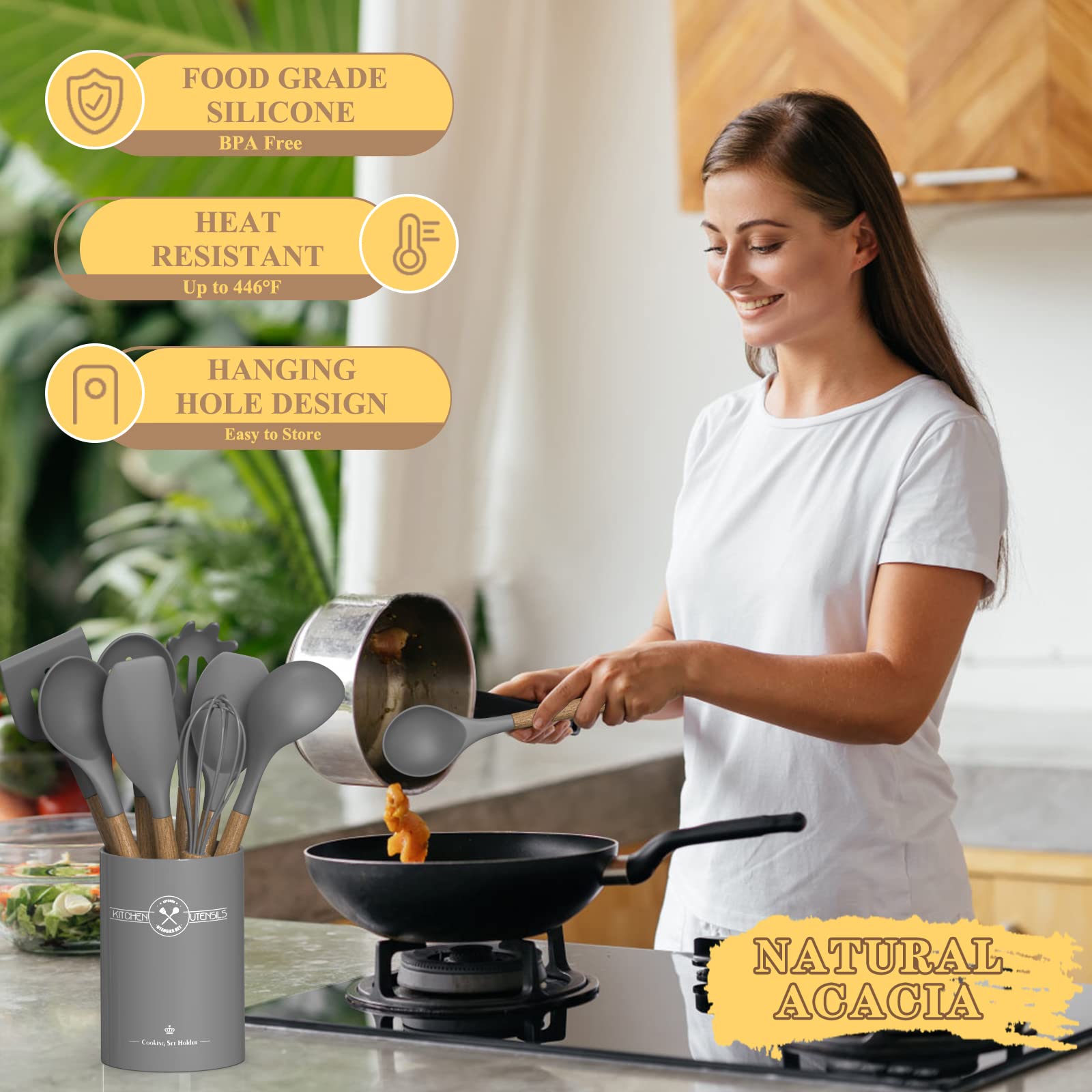 9Pcs Silicone Kitchen Utensil Set with Wooden Handle - Heat Resistant for Nonstick Cookware - Perfect for Baking & Cooking