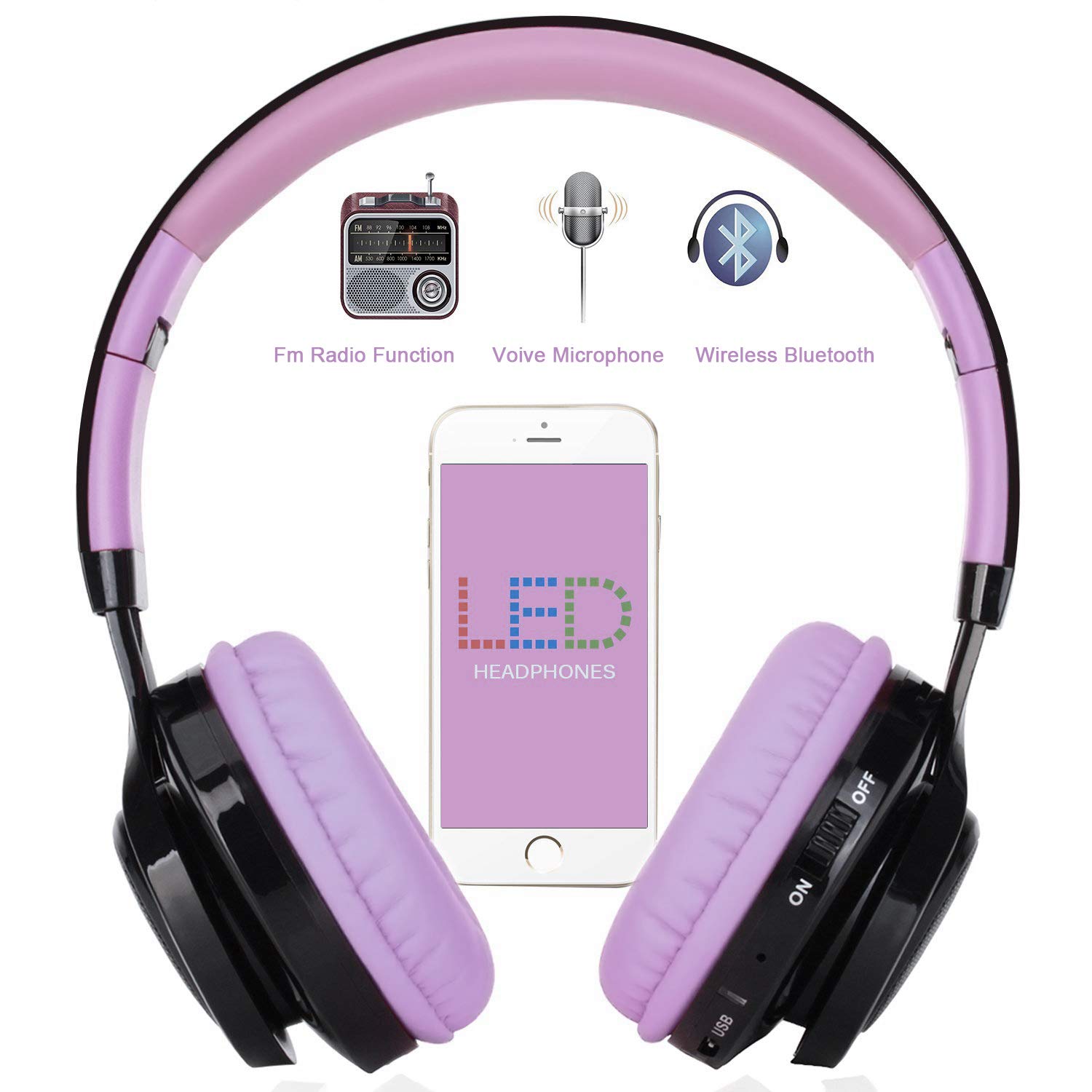 Riwbox AB005 Wireless Bluetooth 5.0 Headphones with Microphone, Foldable Over-Ear Headset with FM Radio, TF Card Slot & LED Light - Compatible with iPhone, Android & All Bluetooth Devices (Black & Purple) - Perfect for Gym, Travel & Office Use
