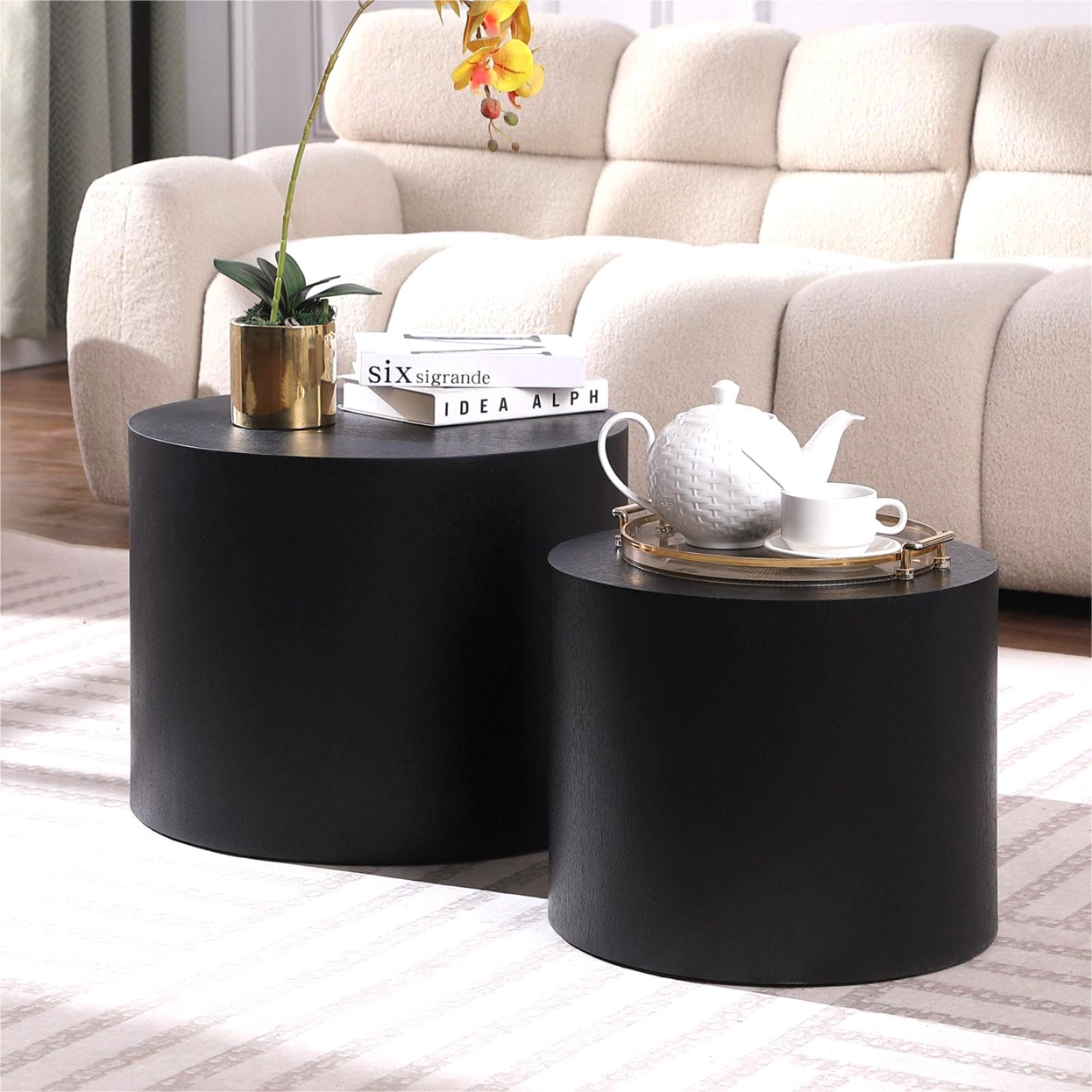 Modern Round Wooden Nesting Tables Set of 2 - Black Coffee & End Tables for Small Spaces | Perfect for Living Room, Bedroom & Office