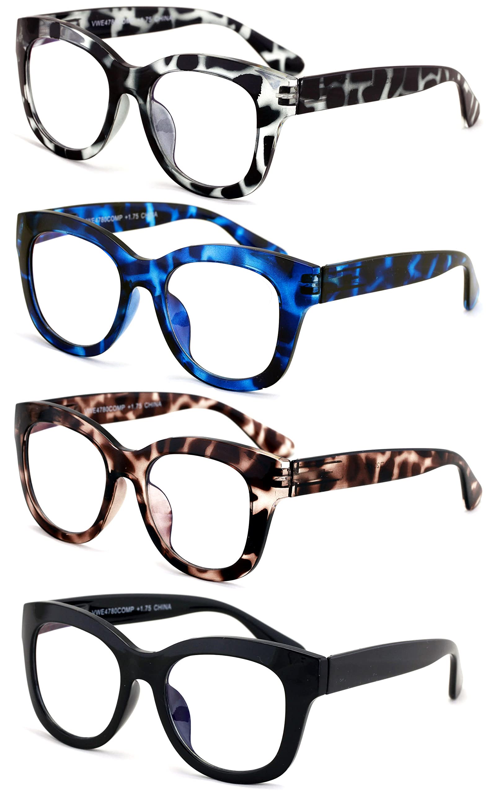 4 Pairs Women's Bold Round Reading Glasses - Blue Light Blocking Computer Readers for Work, Screen Time & Reading Comfort