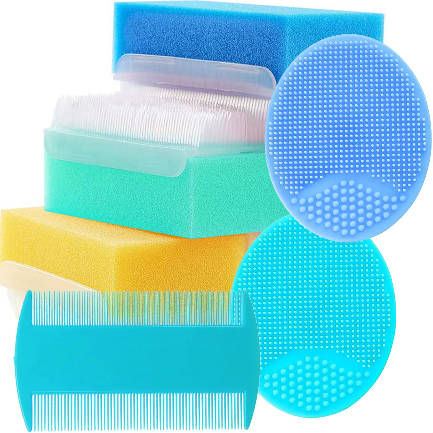 Baby Bath Brush & Comb Set - Newborn Bath Essentials, Infant Scalp Massager & Hair Care Kit (6-Pack, Blue/Green/Yellow) | Gentle Cleaning for Sensitive Skin, Perfect Baby Shower Gift & Nursery Must-Have