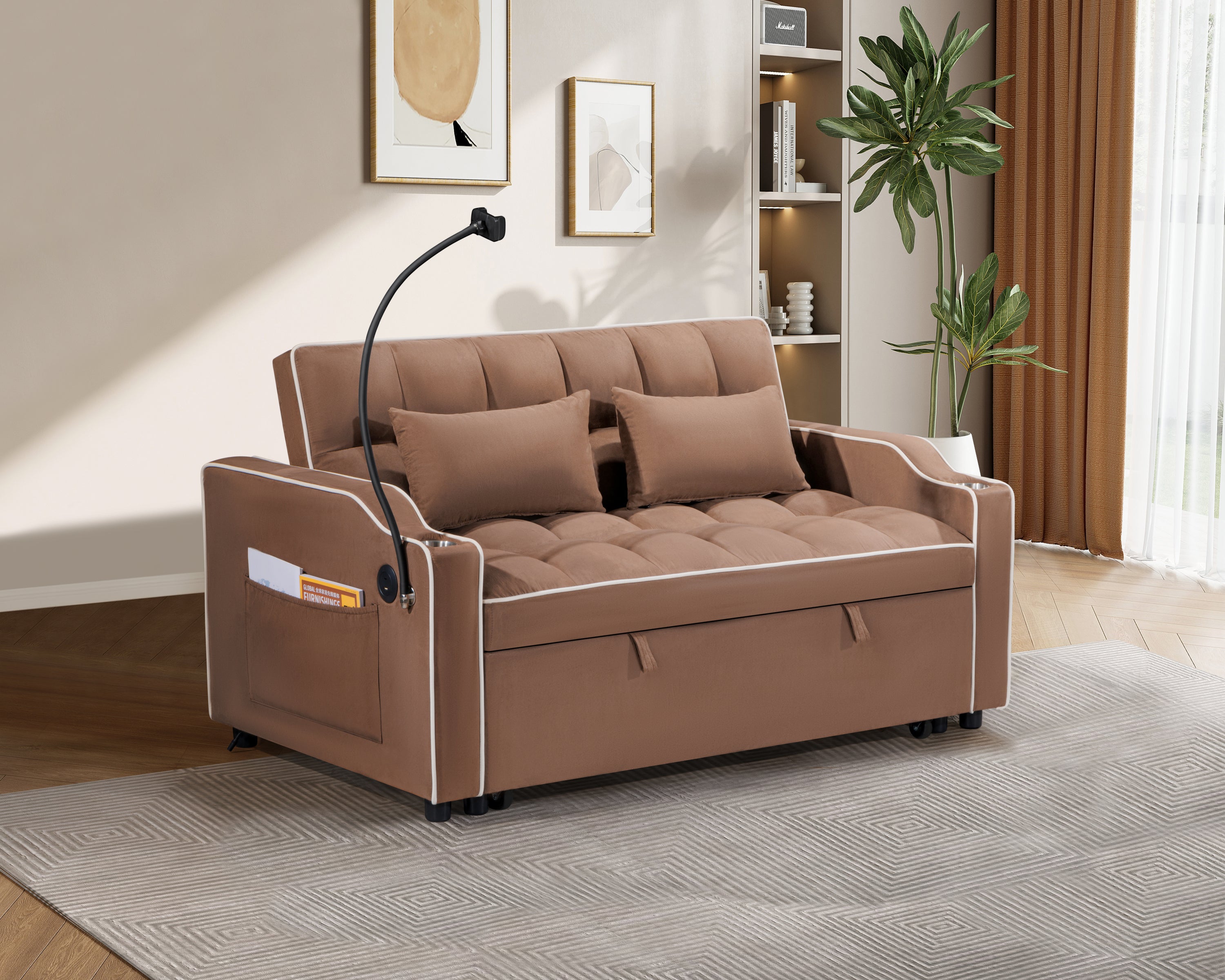 1 Versatile Foldable Sofa Bed in 3 Lengths - Modern Suede Pull-Out Sleeper with Adjustable Back, USB Port, Ashtray & Swivel Phone Stand | Perfect for Small Apartments, Guest Rooms & Home Offices