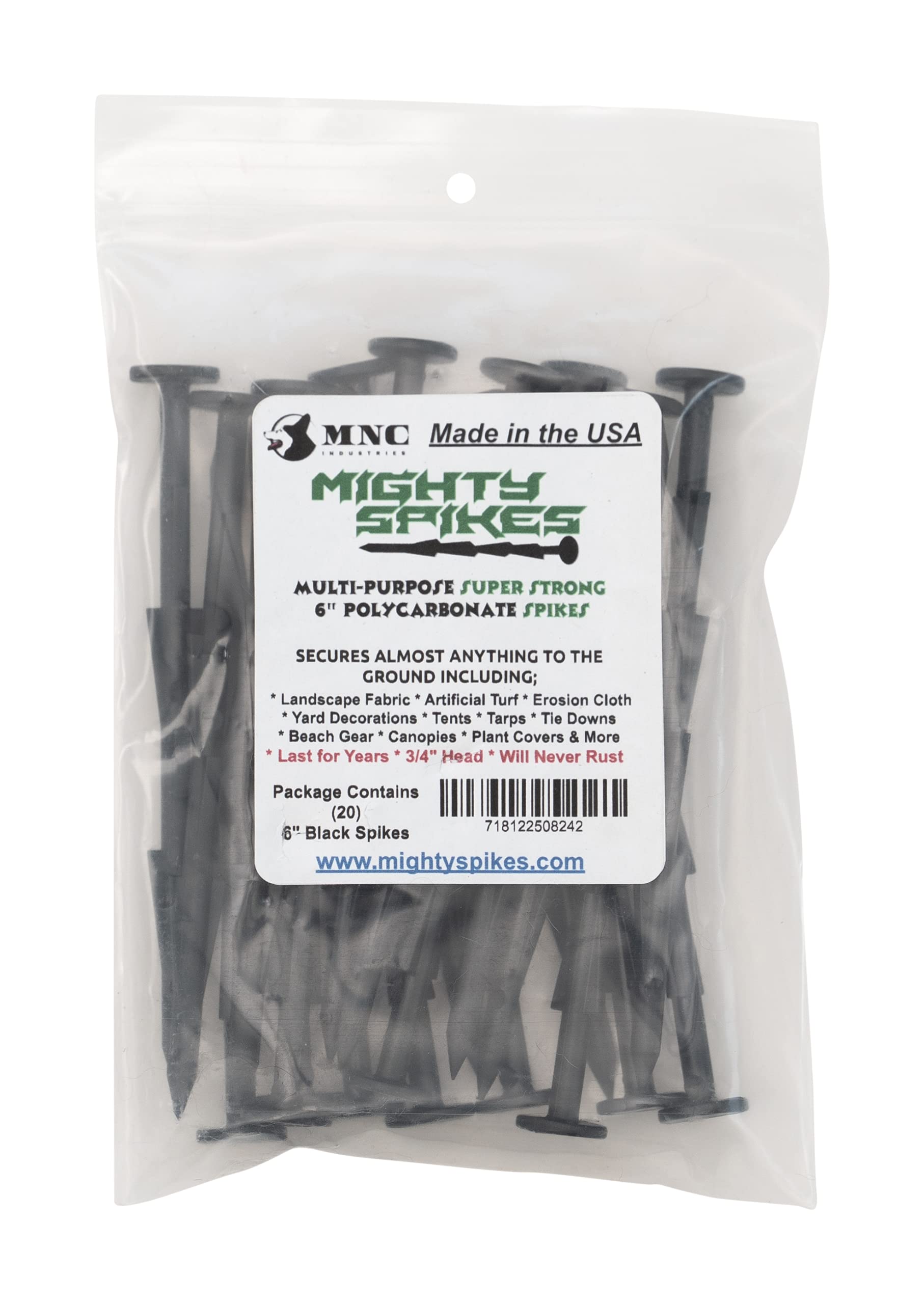 Mighty-Spikes™ 20-Pack Black Garden Stakes – 6 Inch Super Strong Rust & Break Resistant – USA Made Patented Design for Landscaping, Turf, Tarps, Tents & Camping – Reusable Eco-Friendly Ground Spikes – Perfect for Securing Plants, Tarps, Outdoor Decor & Camping Gear