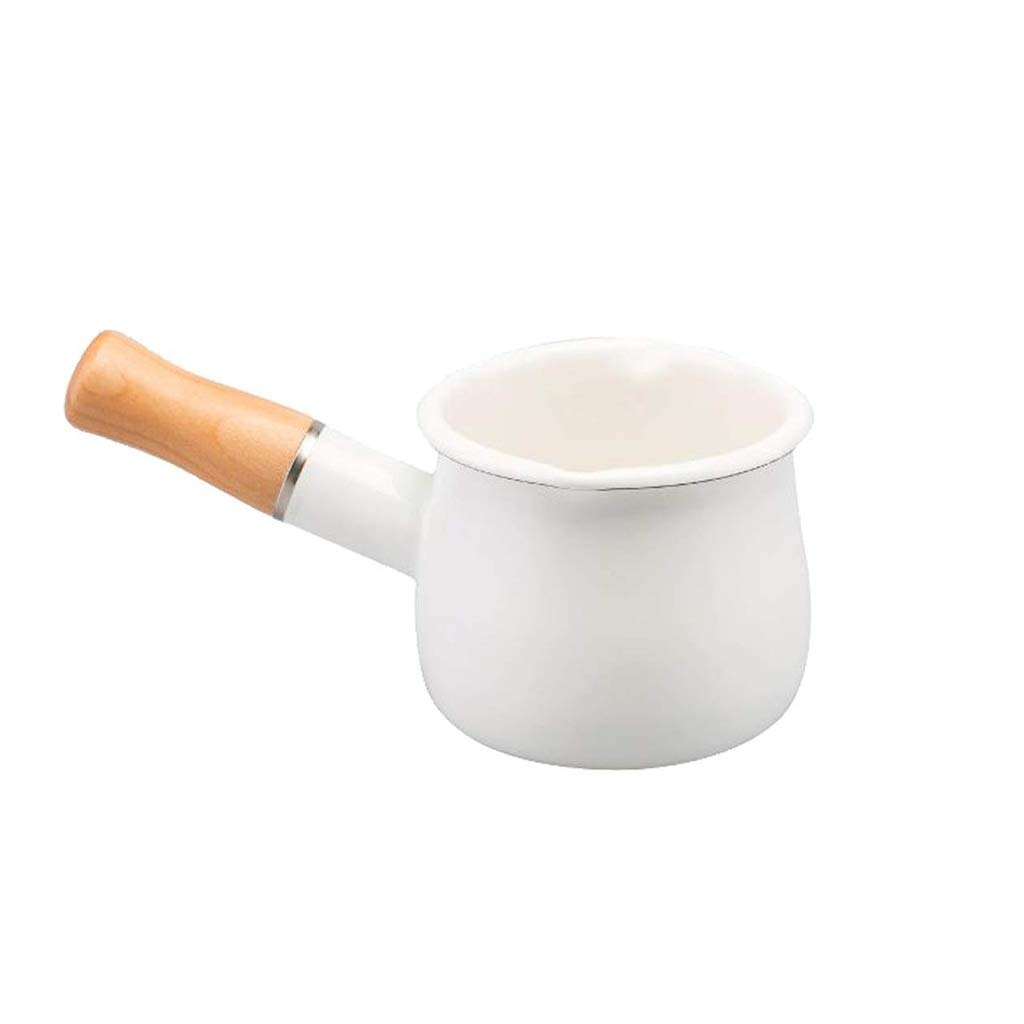 UXZDX 10cm Enamel Milk Pan - Mini Butter Warmer Saucepan with Wooden Handle - Small Enamel Cookware for Milk, Butter & Sauces - Perfect for Coffee Shops, Breakfast & Camping (White)