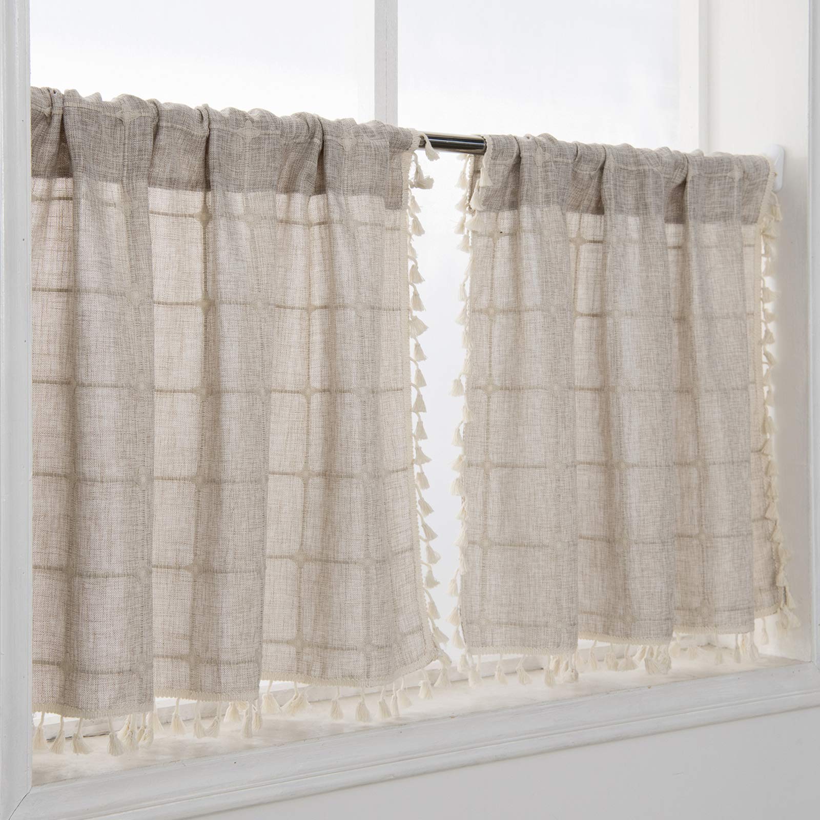 YoKii Boho Kitchen Curtains 36 Inch Length - Modern Farmhouse Cotton Linen Short Window Panel, Country Gingham Tassel Cafe Semi-Transparent Small Tier Curtain Decor for Windows (24x36 Inches, Tan) - Perfect for Farmhouse, Cottage & Boho Style Kitchens