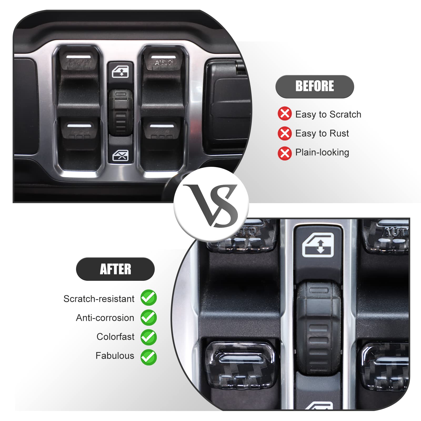 4PCS Carbon Fiber Window Switch Button Cover Trim for Jeep Wrangler JL JLU & Gladiator JT (2018-2024) - Interior Accessories Upgrade for Enhanced Style & Protection