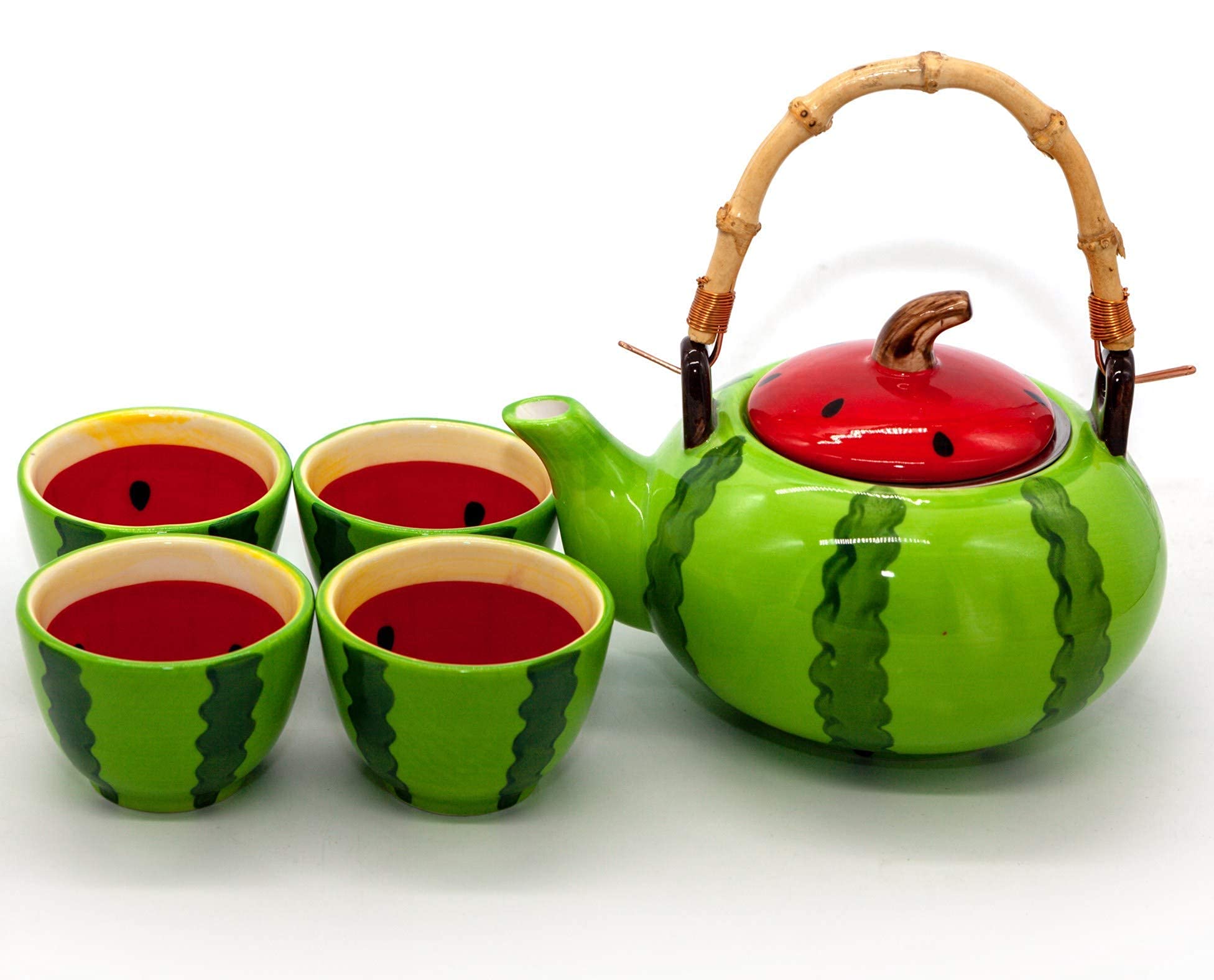 Watermelon Shaped Tea Set - 1 Teapot & 4 Cups Ceramic Afternoon Tea Party Set for Friends, Dinner & Evening Gatherings - Perfect for Home Decor, Bridal Showers & Birthday Parties