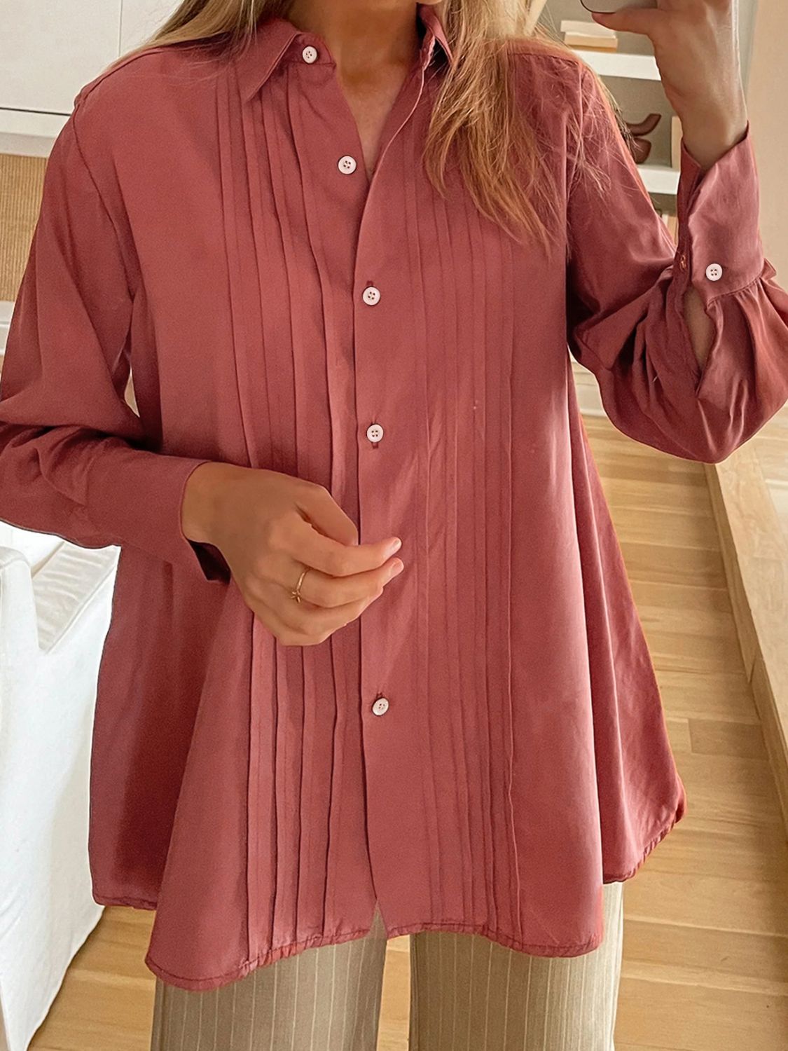 Perfee Women's Ruched Collar Long Sleeve Blouse - Elegant Office Wear & Casual Tops for Work, Date Night and Special Occasions