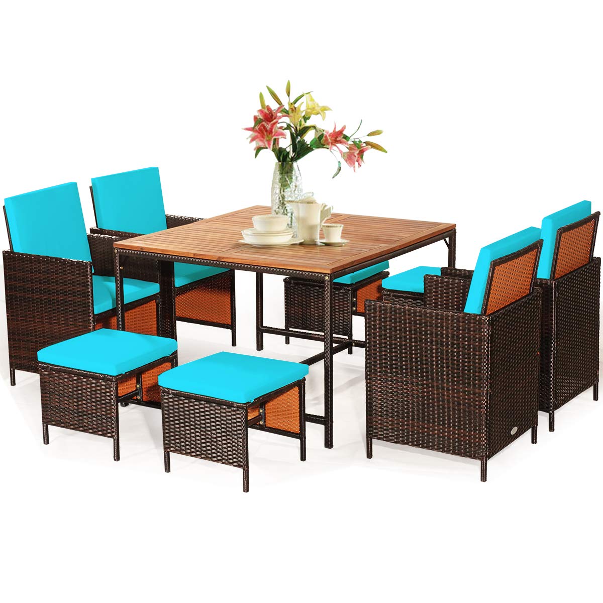 Tangkula 9-Piece Acacia Wood Patio Dining Set with Wicker Chairs & Umbrella Hole Table - Space Saving Outdoor Furniture for Garden, Yard, Poolside | Perfect for BBQs, Family Gatherings & Summer Entertaining