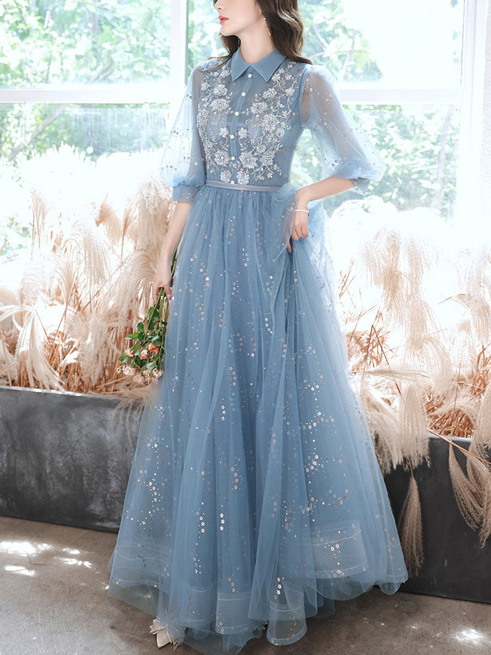 Elegant Blue Tulle Lace Sequin Long Prom Dress - A-Line Evening Gown for Formal Events, Homecoming, and Special Occasions