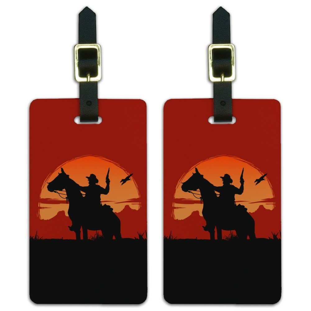 Western Cowboy on Horse with Red Sunset & Gun Luggage ID Tags - 2-Piece Set for Travel Bags, Suitcases & Backpacks | Perfect for Western Lovers, Rodeo Fans & Country-Themed Events