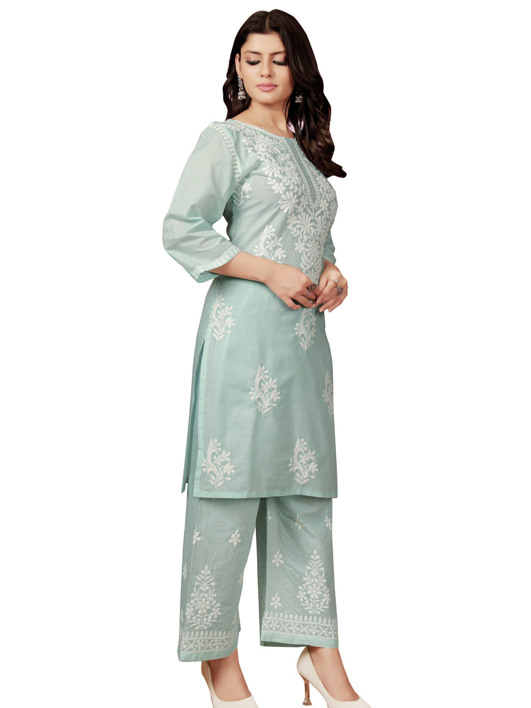Blue Designer Ready-Made Cotton Pant Suit with Chikankari Embroidery - Elegant Women's Formal Wear for Office, Parties & Special Occasions