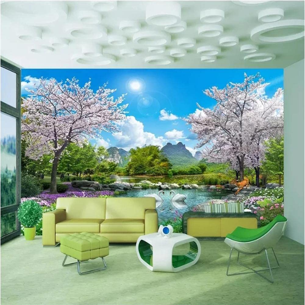 Custom 3D Cherry Blossom Tree with Swan & Deer Landscape Wall Mural - 350x245cm Peel & Stick Wallpaper for Living Room & Bedroom Decor | Perfect for Home Interior Design & Wall Art Enhancement
